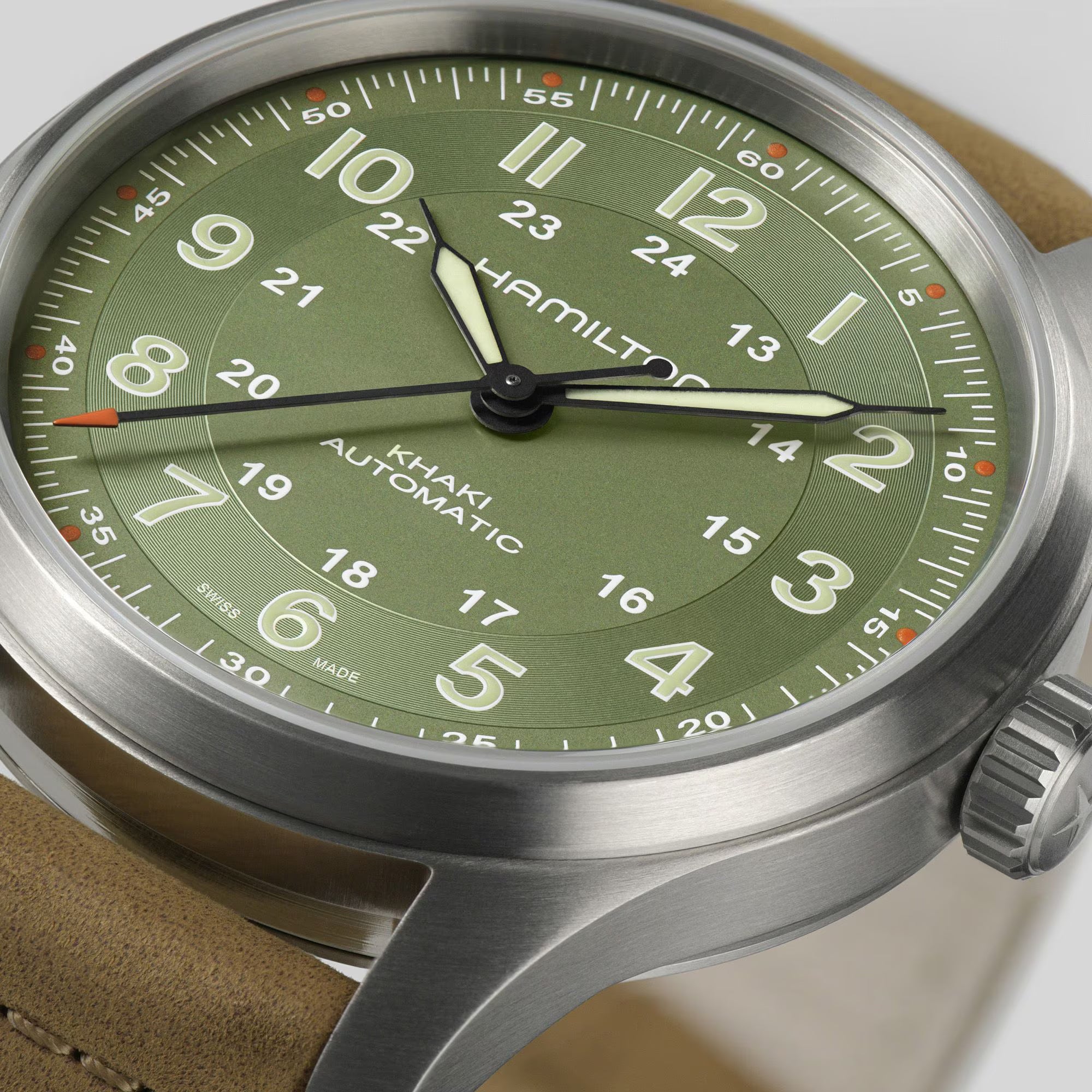 Hamilton H70545560 matte green dial with 24-hour inner scale and Arabic numerals close-up