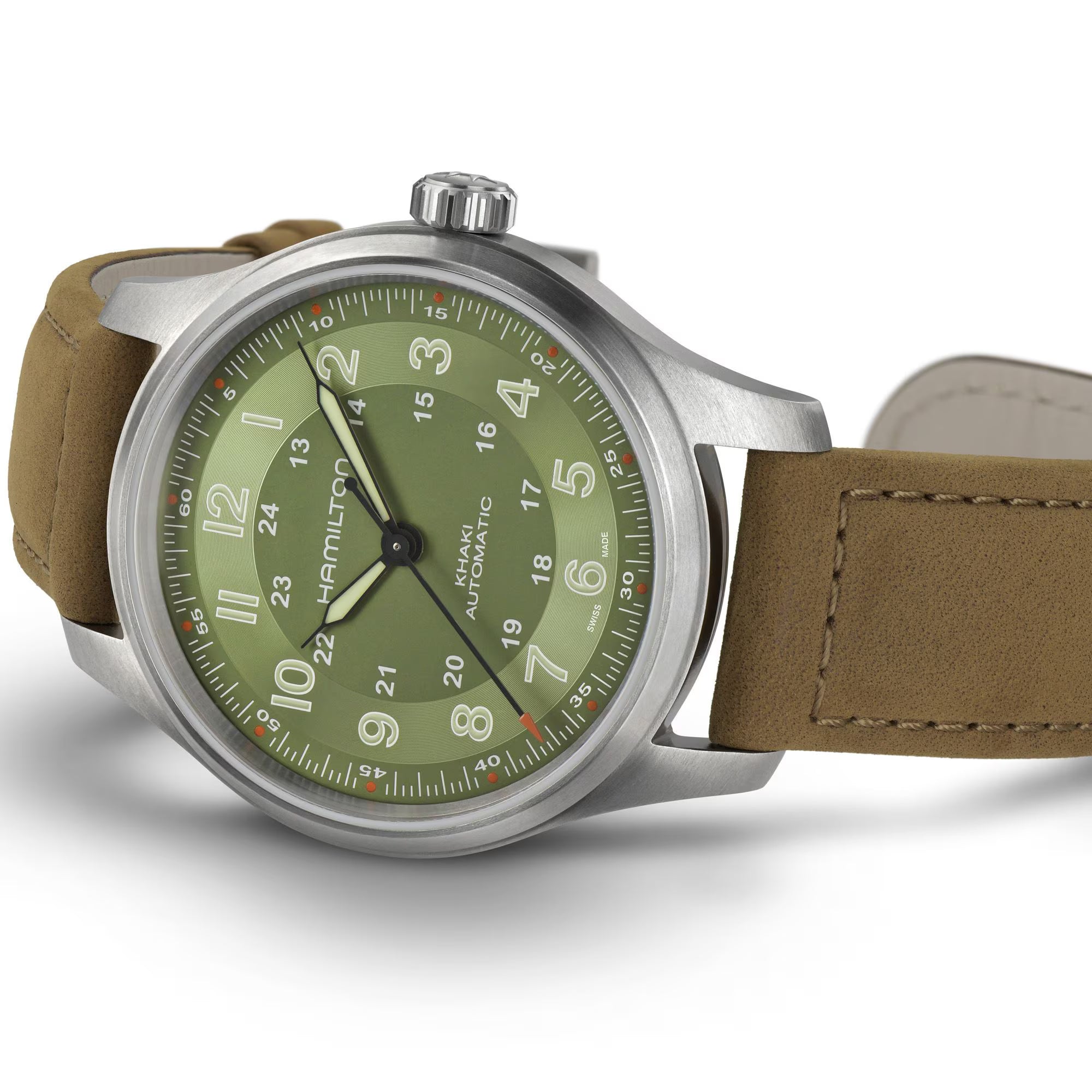 Hamilton Khaki Field Titanium Automatic Green Dial Brown Leather Strap Men's Watch H70545560