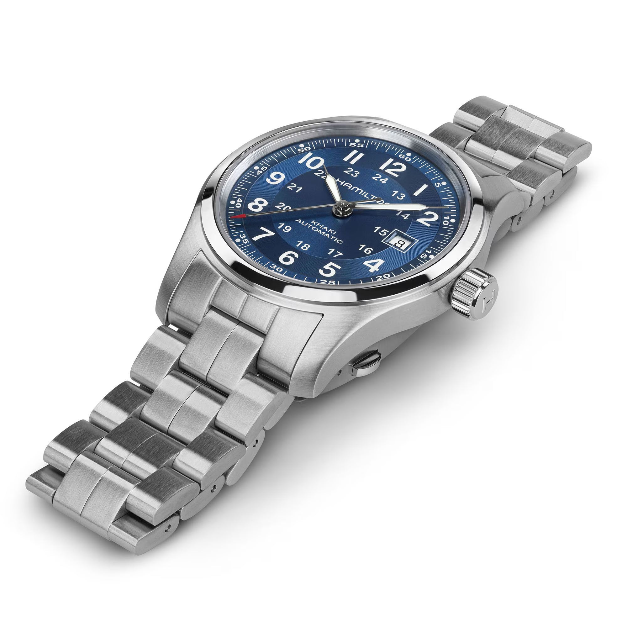 Hamilton Khaki Field H70605140 42mm blue sun-ray dial and stainless steel bracelet side profile