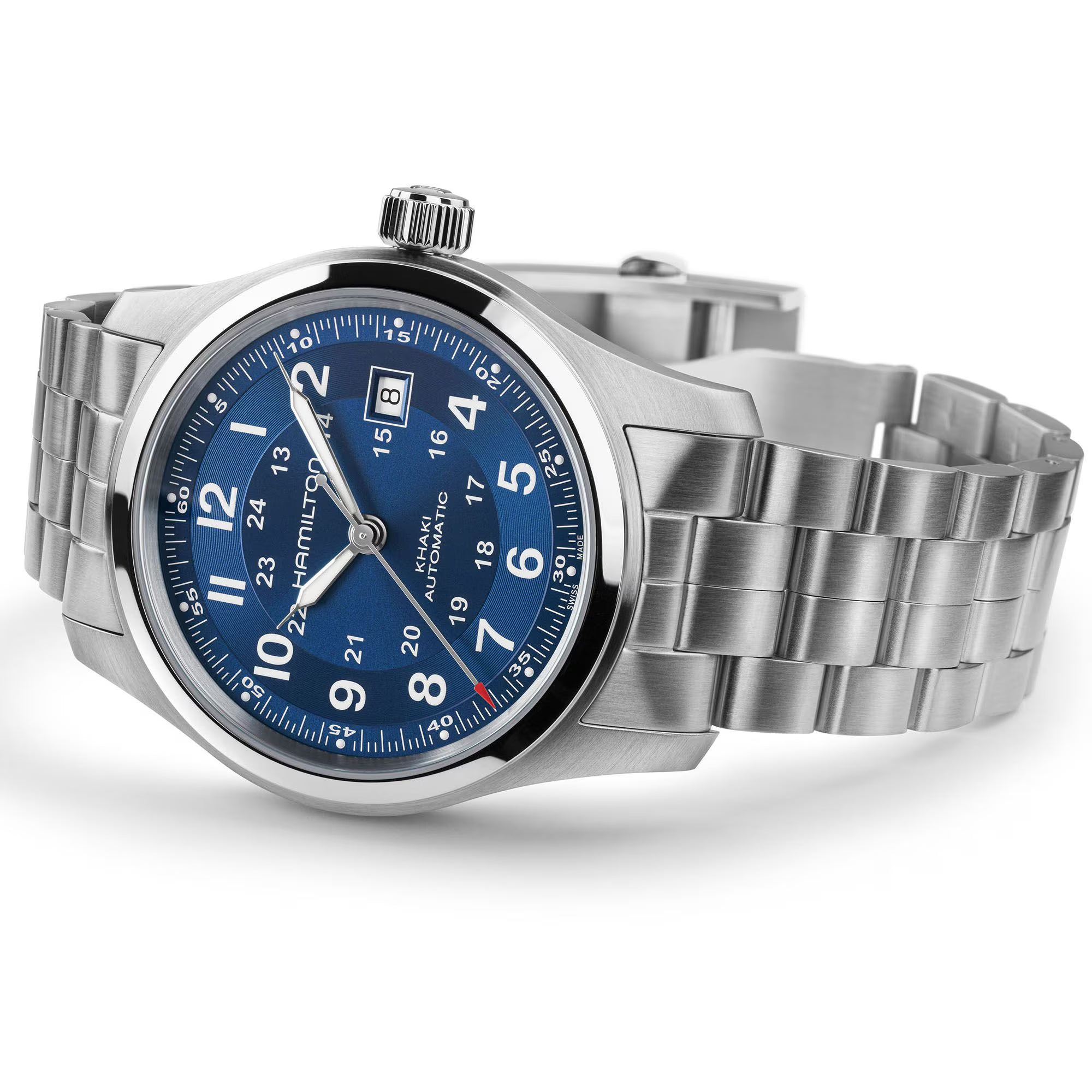 Hamilton Khaki Field 42mm Blue Dial Steel watch on white background