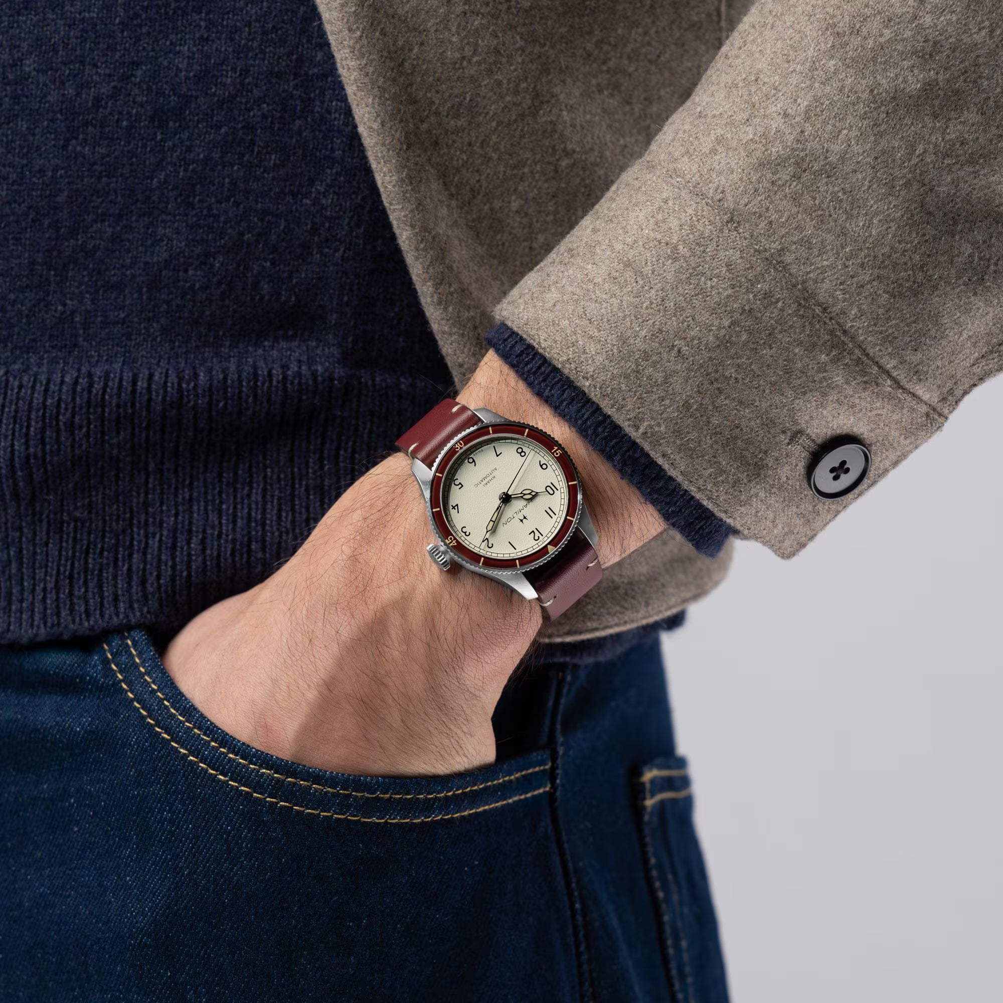 Hamilton Khaki Aviation Pilot Pioneer Automatic Eggshell-White Dial Burgundy Leather Strap Men's Watch H76265810