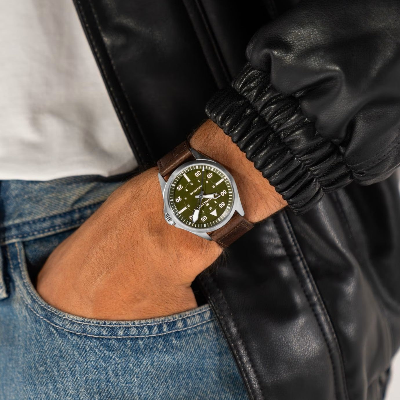 Hamilton Khaki Aviation Pilot Automatic Green Dial Leather Strap Men's Watch H76305560