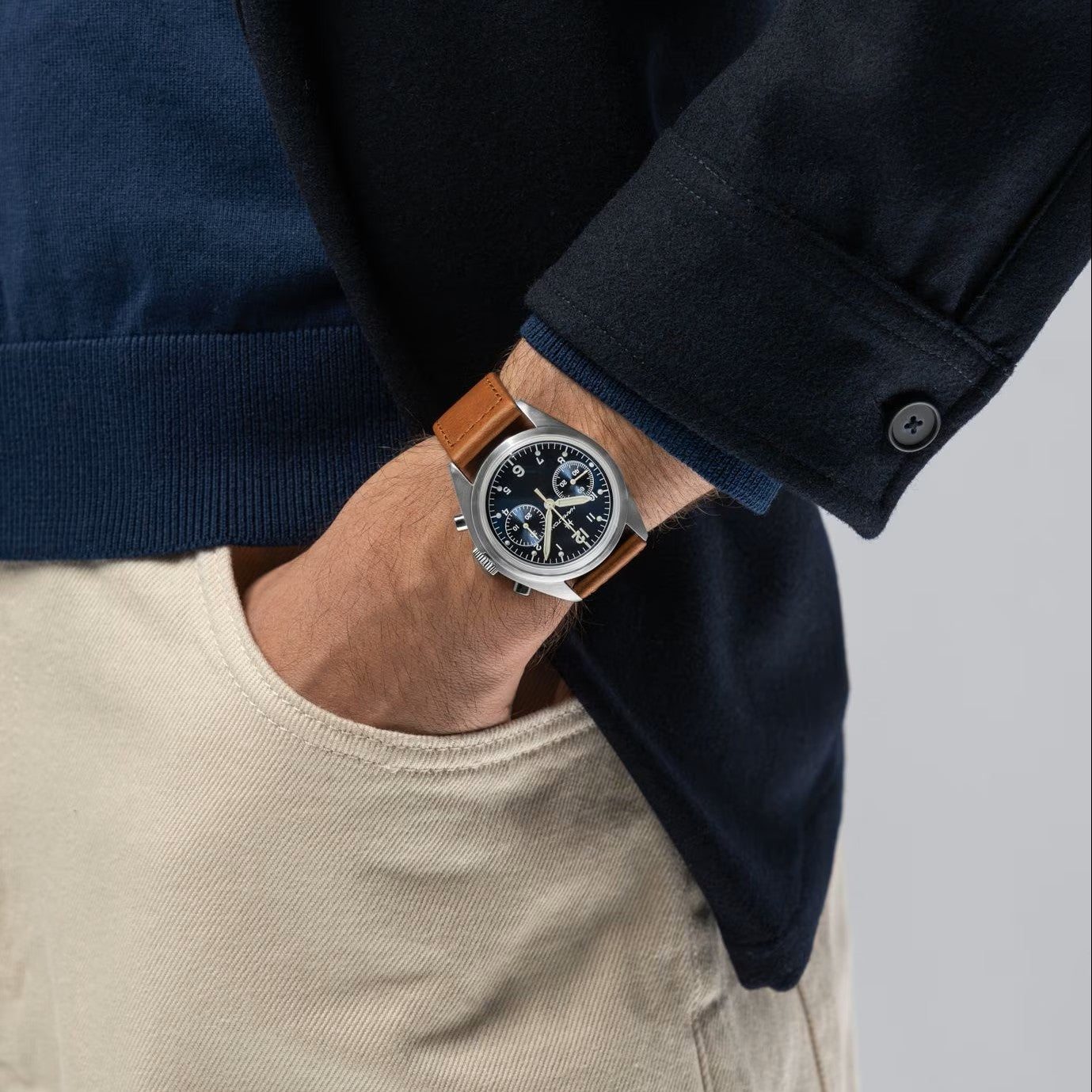 Hamilton Khaki Aviation Pilot Pioneer Mechanical Chronograph Blue Dial Leather Strap Men's Watch H76409540