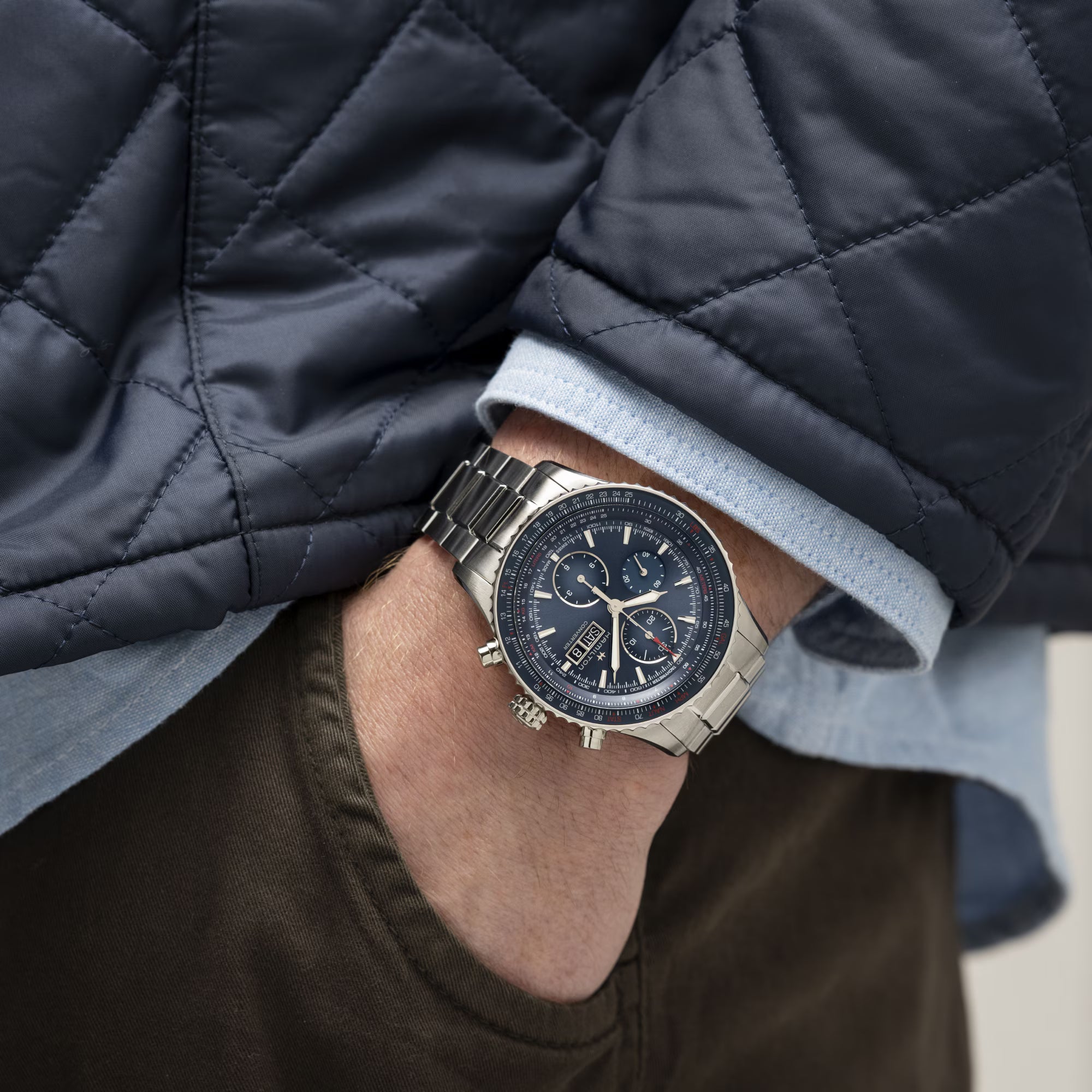 Hamilton Khaki Aviation Converter Auto Chrono Blue Dial Steel Strap Men's Watch H7674614