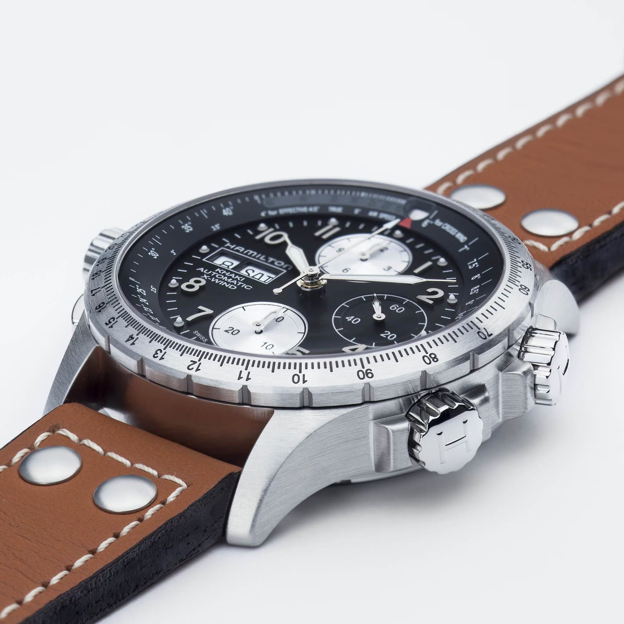 Hamilton Khaki Aviation X-Wind Automatic Chronograph Black Dial Brown Leather Strap Men's Watch H77616533 - WatchNation