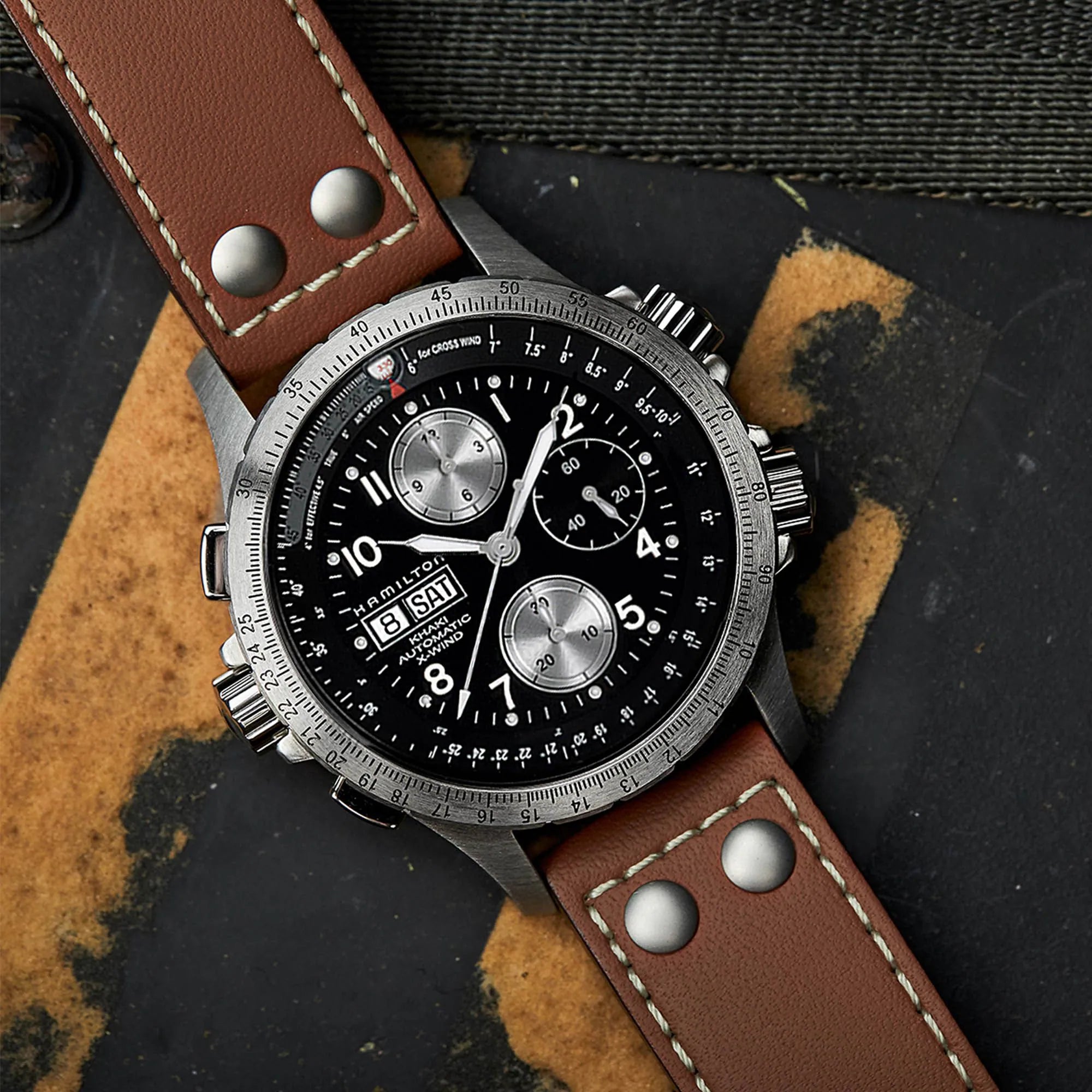 Hamilton Khaki Aviation X-Wind Automatic Chronograph Black Dial Brown Leather Strap Men's Watch H77616533 - WatchNation