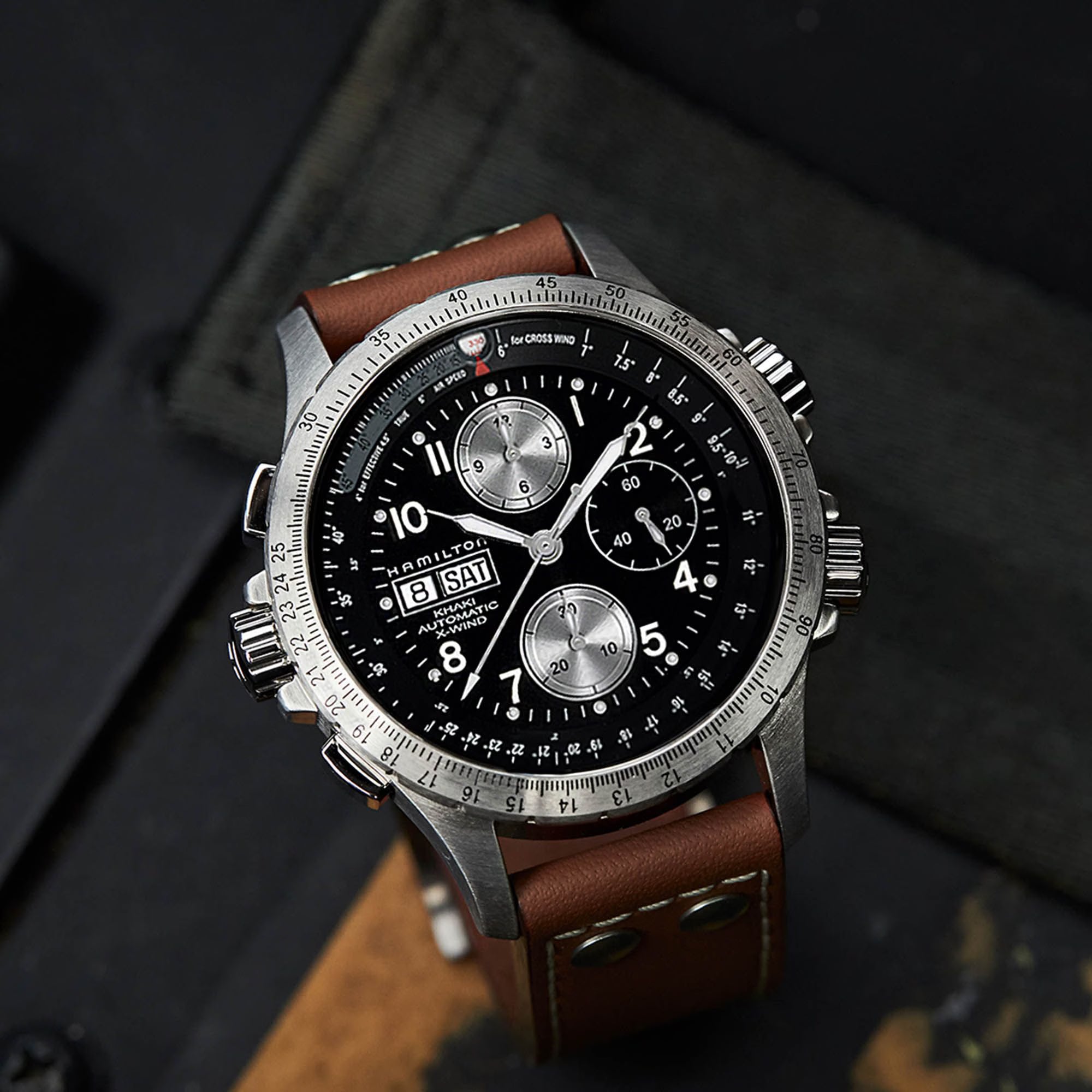 Hamilton Khaki Aviation X-Wind Automatic Chronograph Black Dial Brown Leather Strap Men's Watch H77616533 - WatchNation