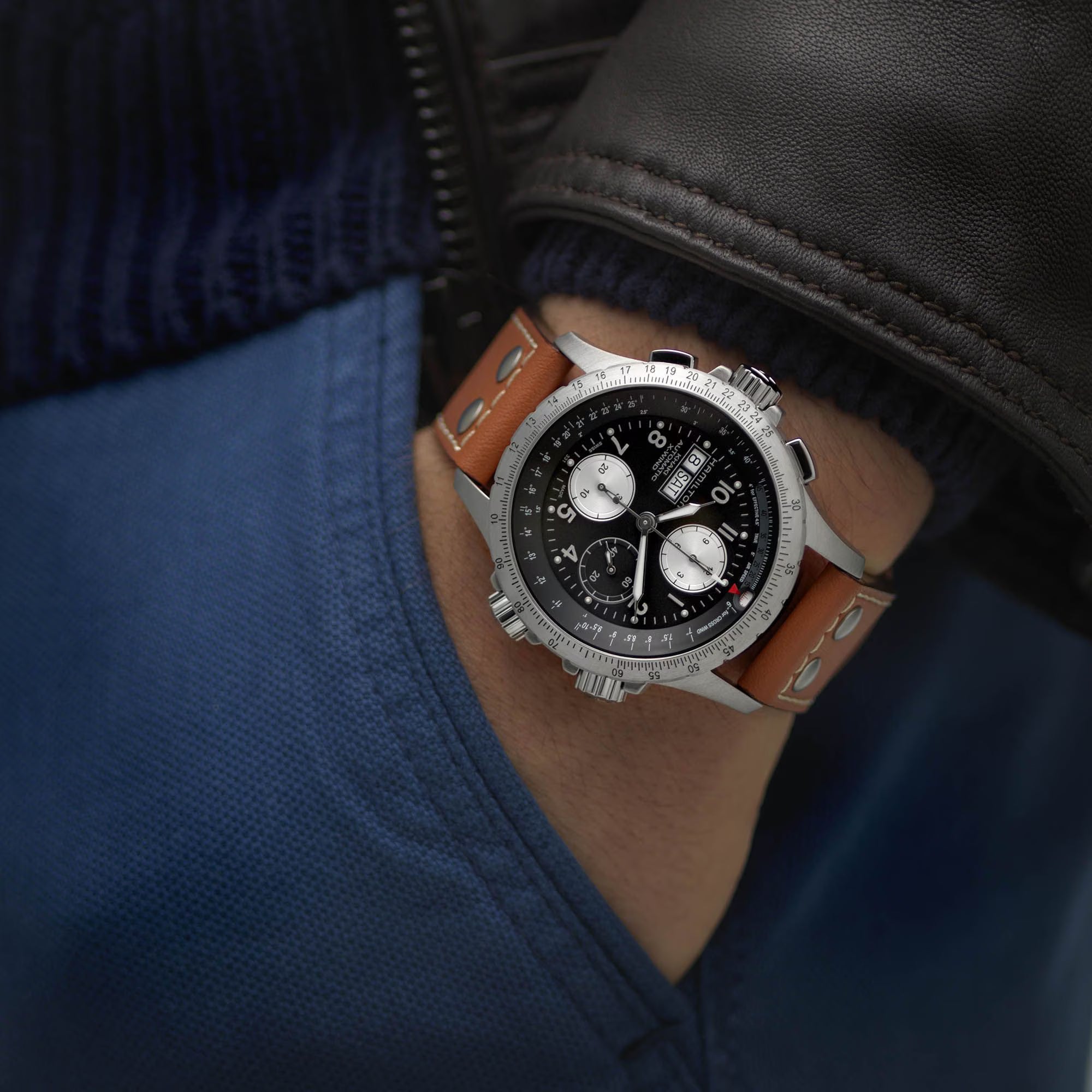 Hamilton Khaki Aviation X-Wind Automatic Chronograph Black Dial Brown Leather Strap Men's Watch H77616533