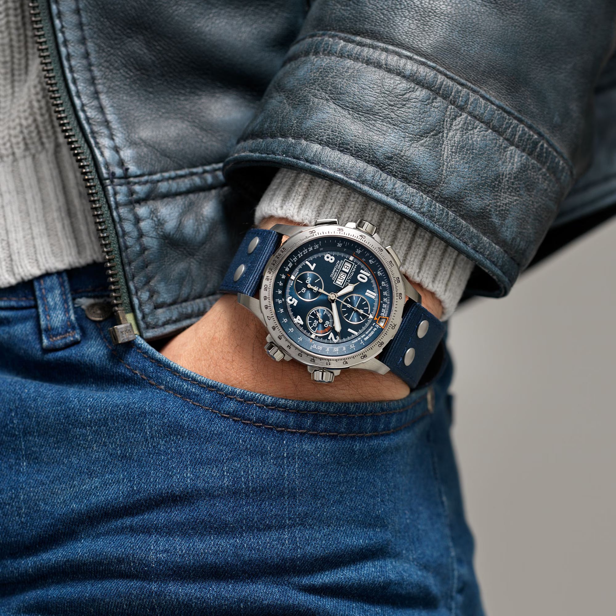 Hamilton Khaki Aviation X-Wind Automatic Chrongraph Blue Dial Blue Canvas Strap Men's Watch H77906940