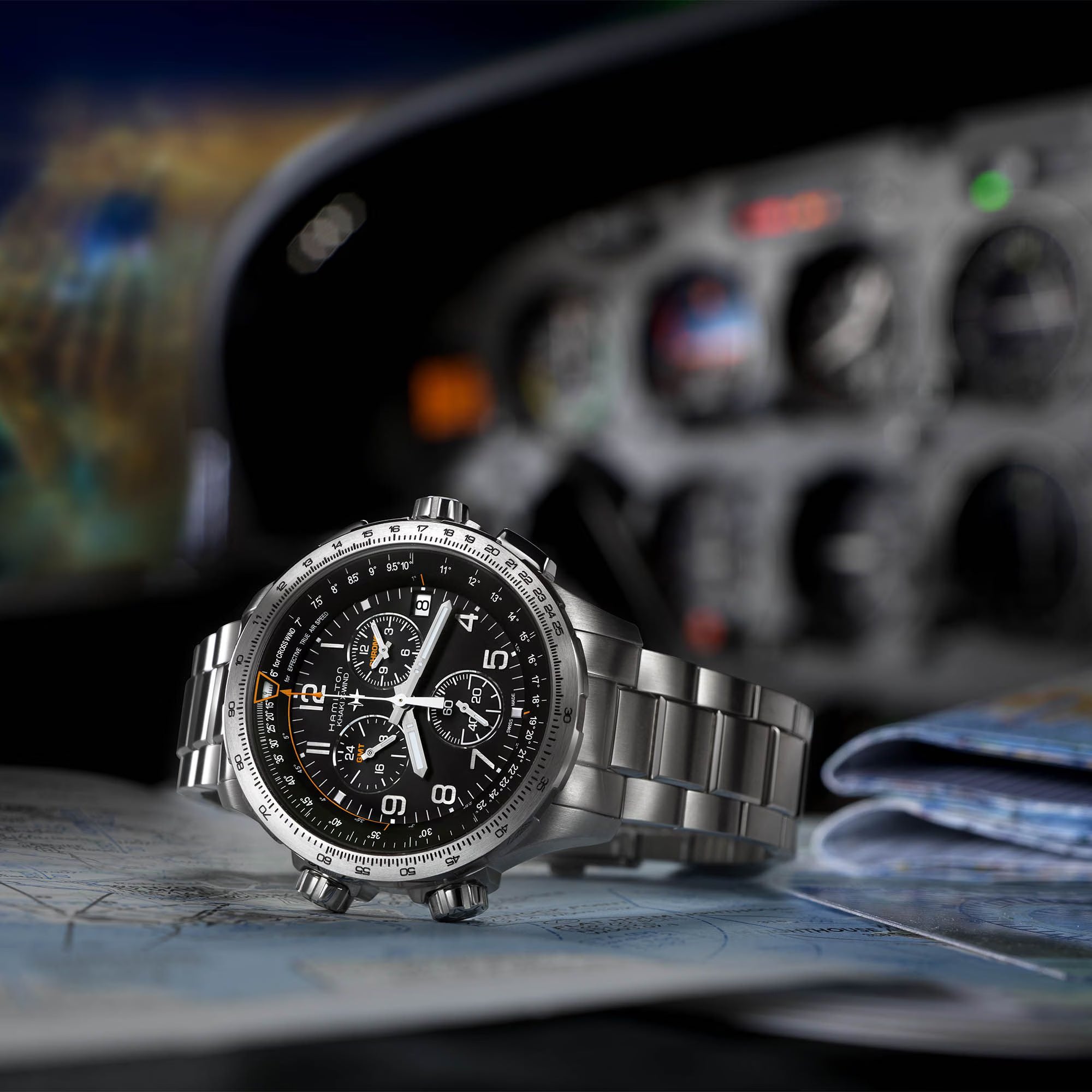 Hamilton Khaki Aviation X-Wind GMT Chronograph Quartz Black Dial Stainless Steel Strap Men's Watch H77912135