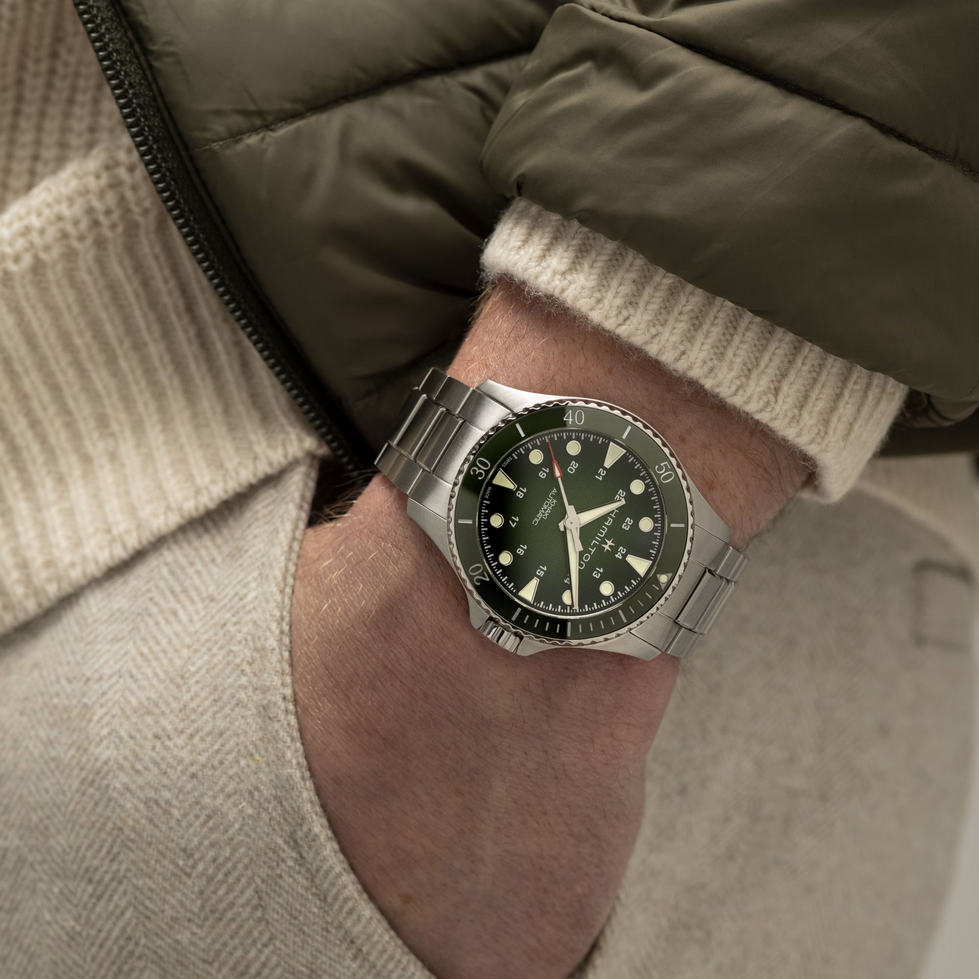 Hamilton Khaki Navy Scuba Automatic Green Dial Stainless Steel Bracelet Men's Watch H82525160