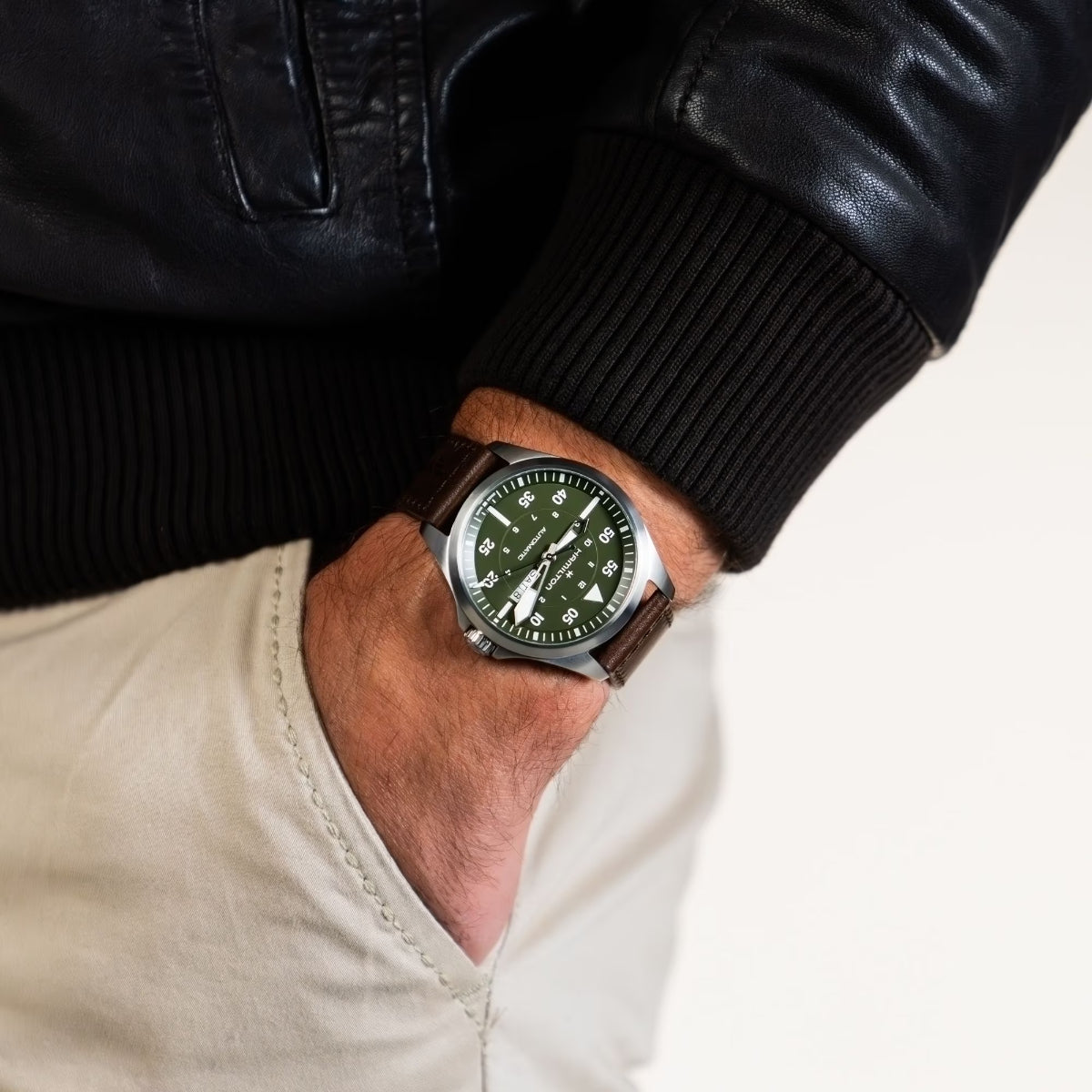 Hamilton Khaki Pilot Day Date Automatic Green Dial Leather Strap Men's Watch H64635560