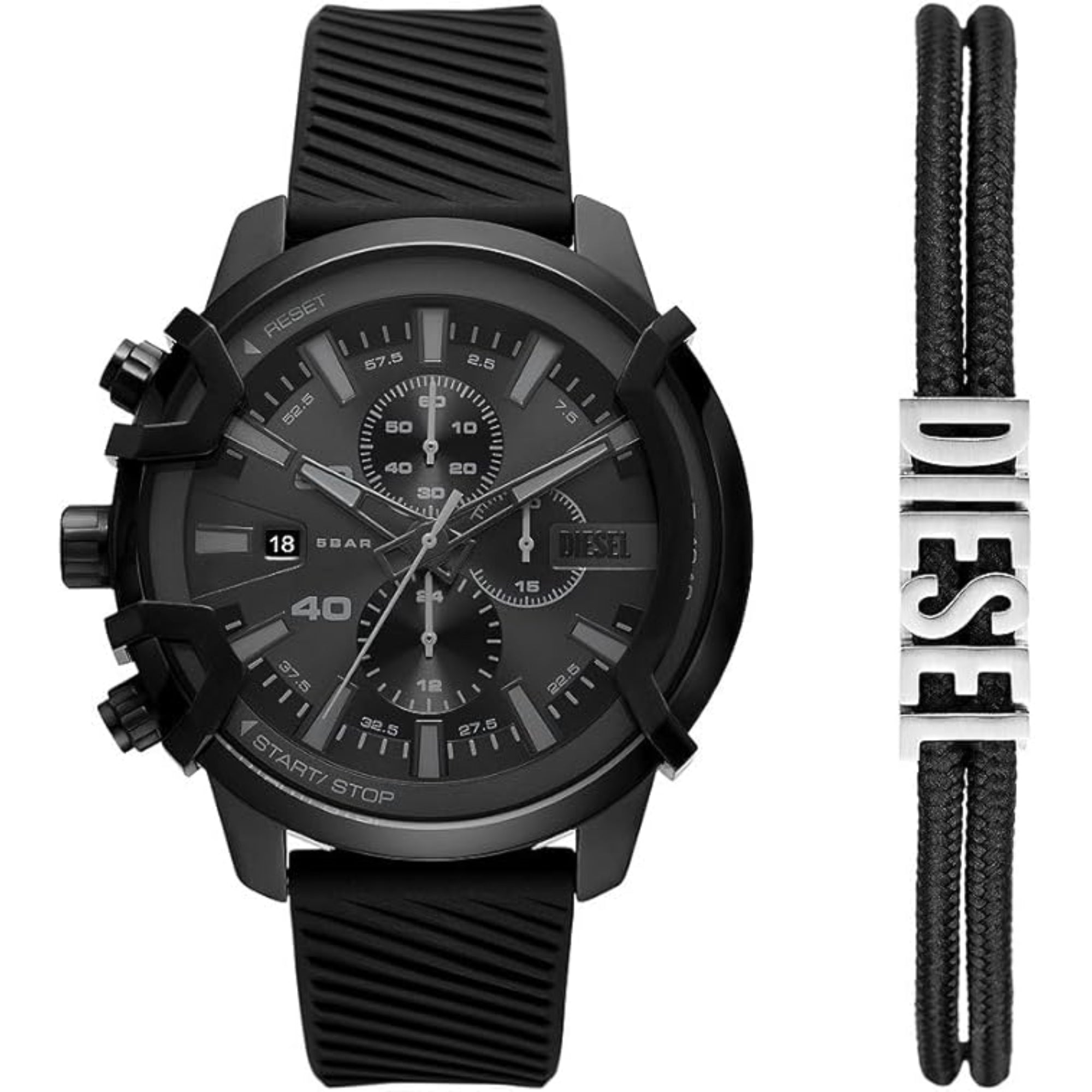 Diesel Griffed Chronograph Black Silicone Black Dial Men's Watch and Bracelet Set DZ4650SET