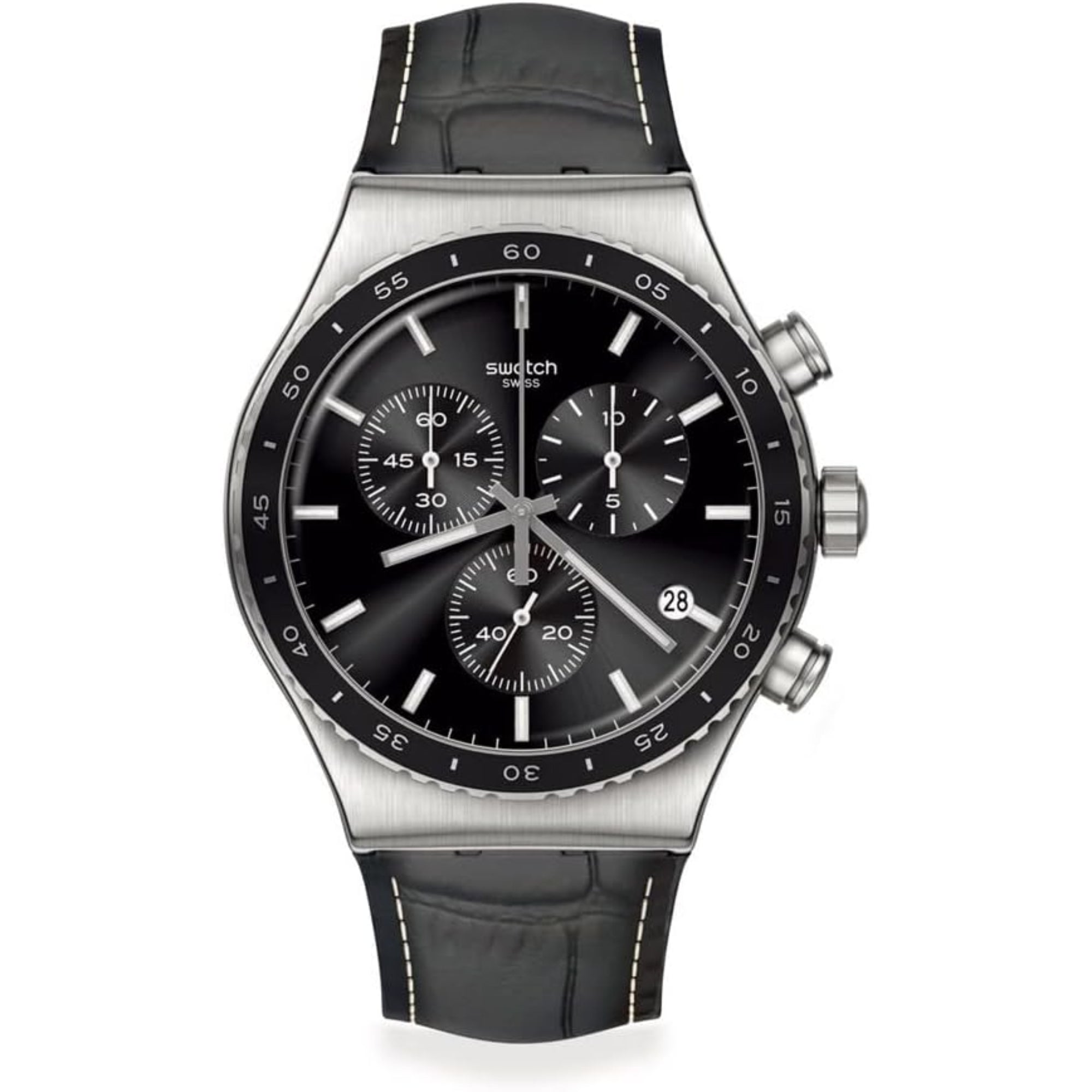 Swatch Irony Chrono Black Dial Leather Strap Men's Watch YVS495