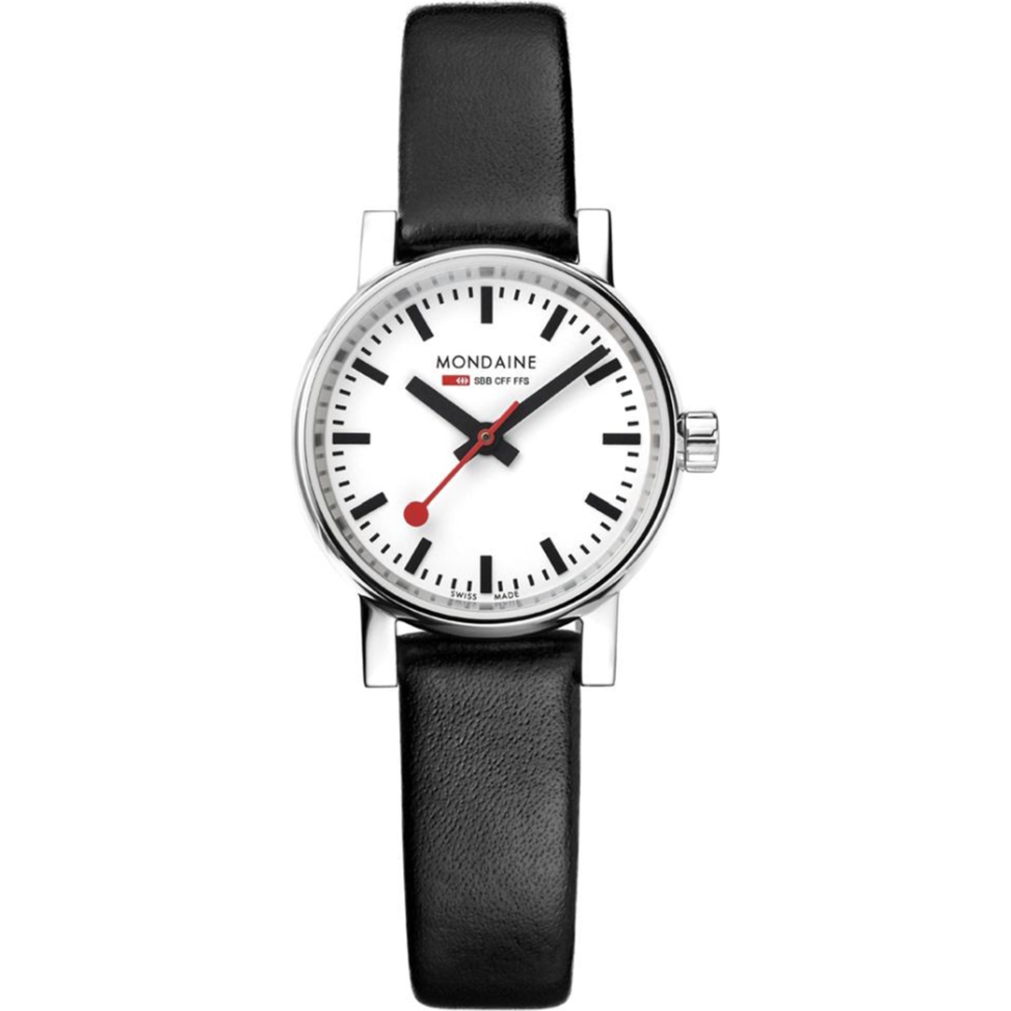 Mondaine evo2 Petite Stainless Steel Case Black Leather Strap Ladies Watch MSE.26110.LB 26mm