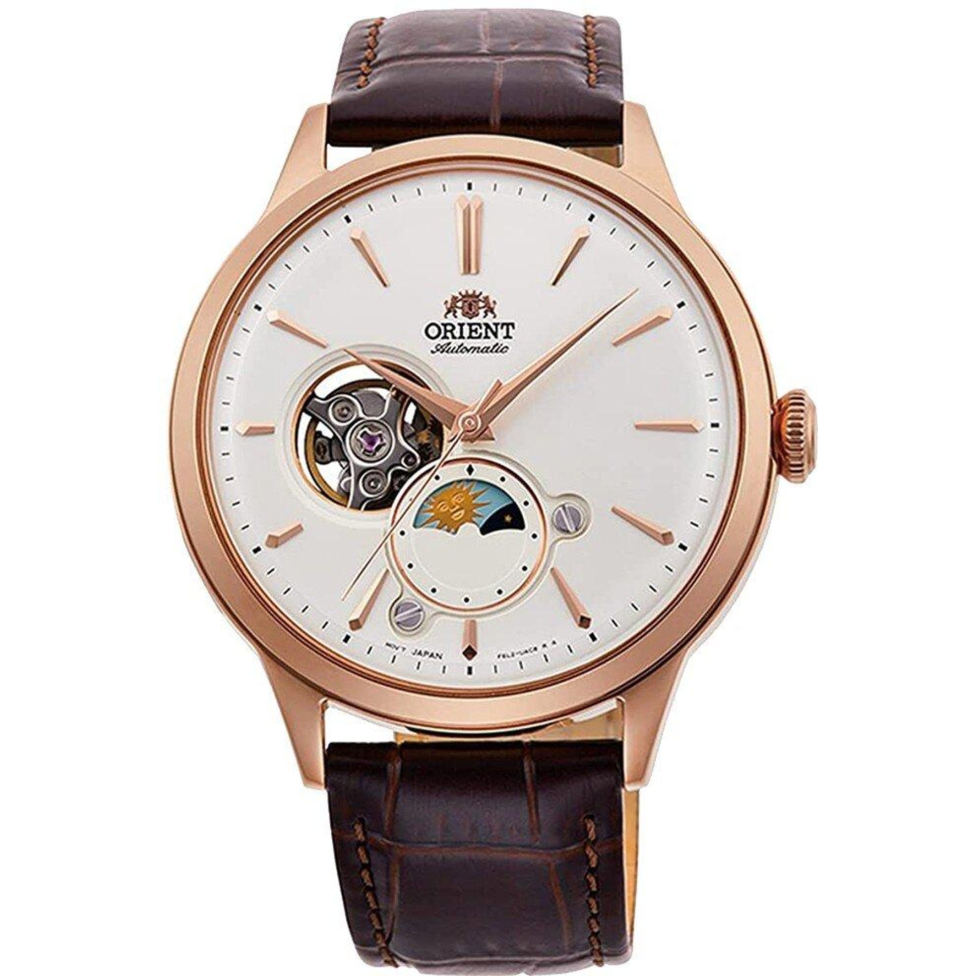 Orient Sun & Moon Phase Automatic White Dial Leather Strap Men’s Watch RA-AS0102S10B