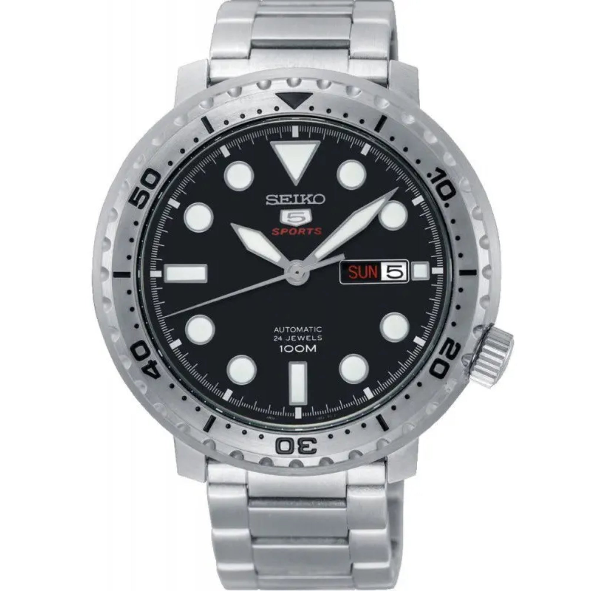 Seiko 5 Sports Bottle Cap Silver Stainless Steel Black Dial Automatic Men's Watch SRPC61K1
