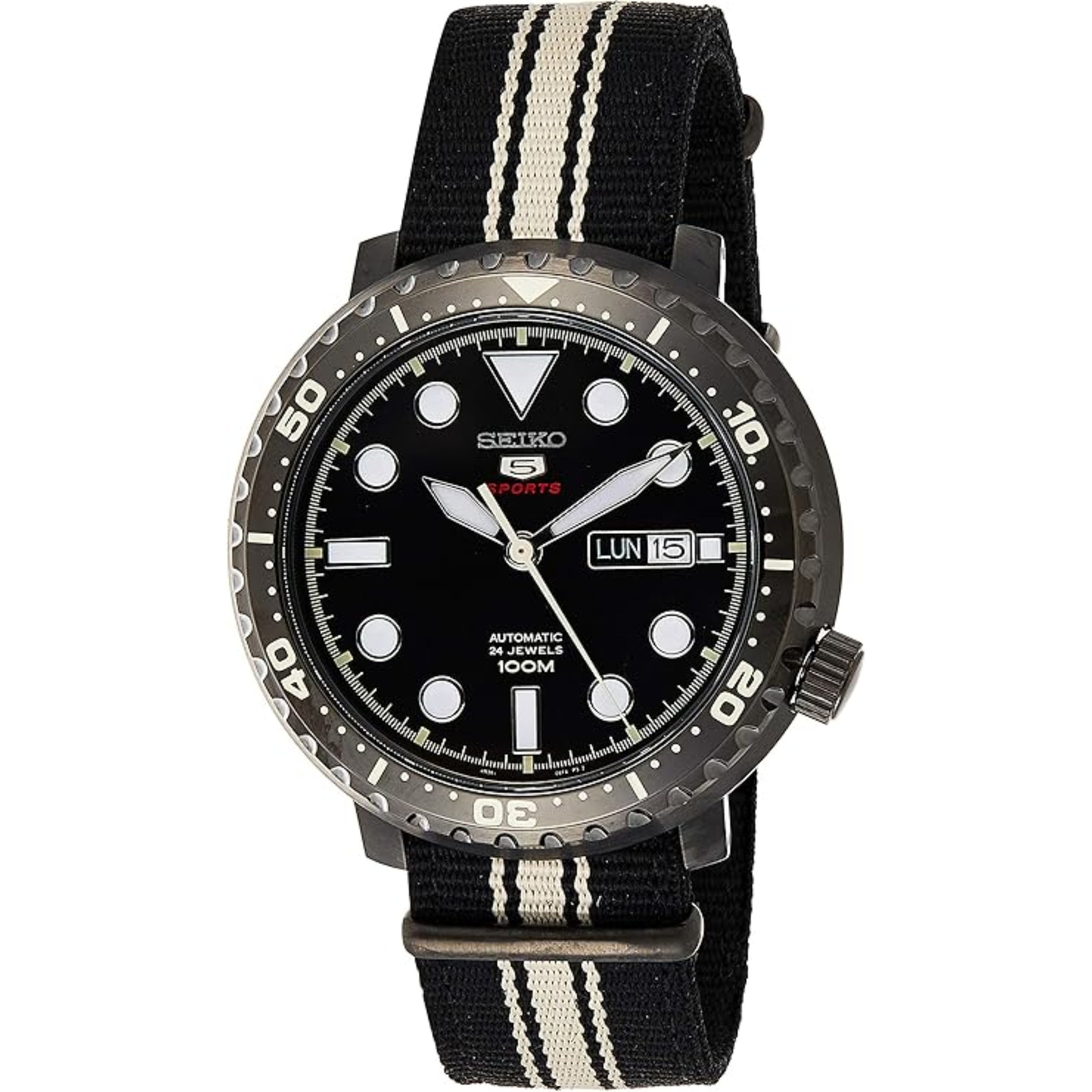 Seiko 5 Sports Bottle Cap Case Textile Strap Automatic Black Dial Men's Watch SRPC67K1