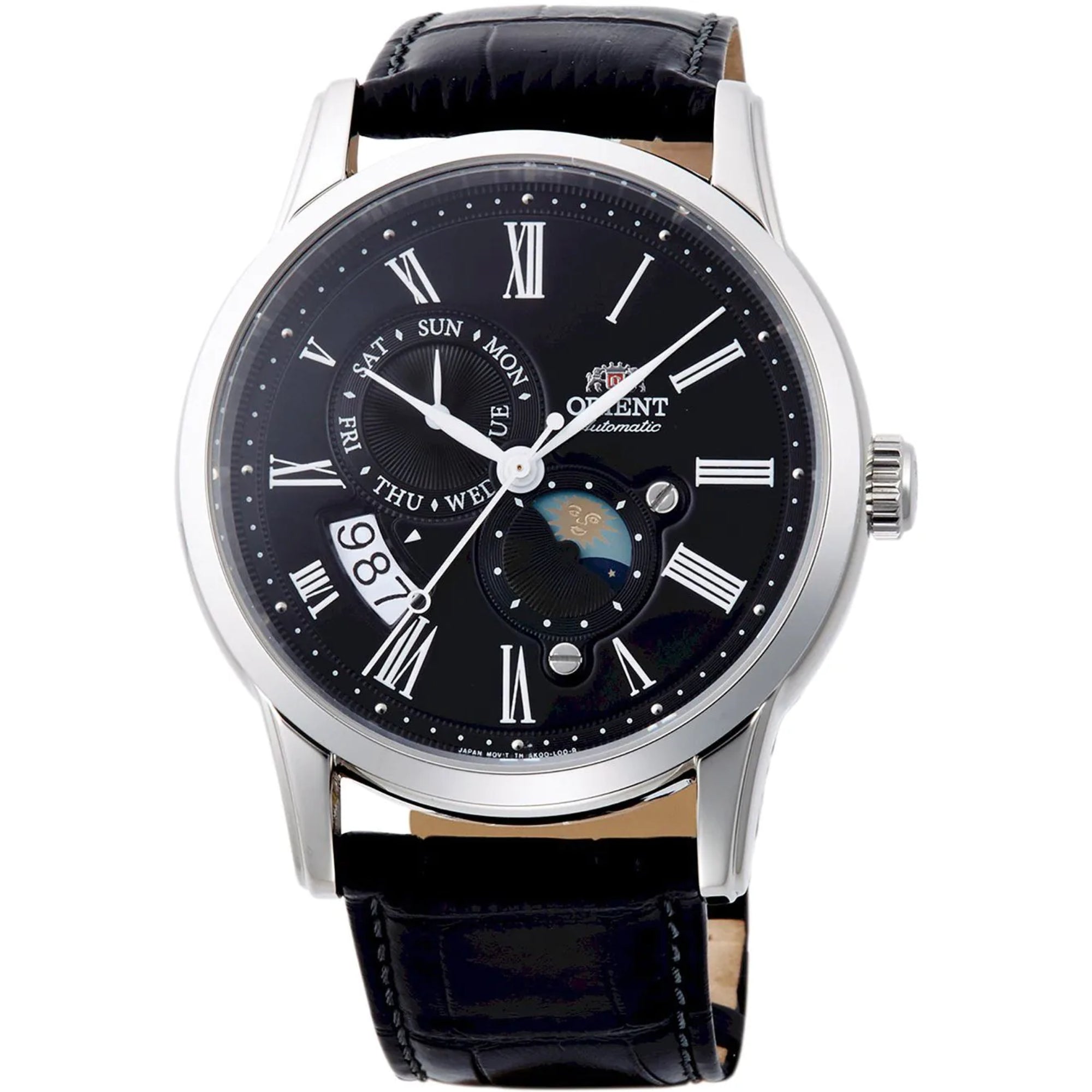 Orient Bambino Sun & Moon Mechanical Black Dial Black Leather Strap Men's Watch RA-AK0010B10B