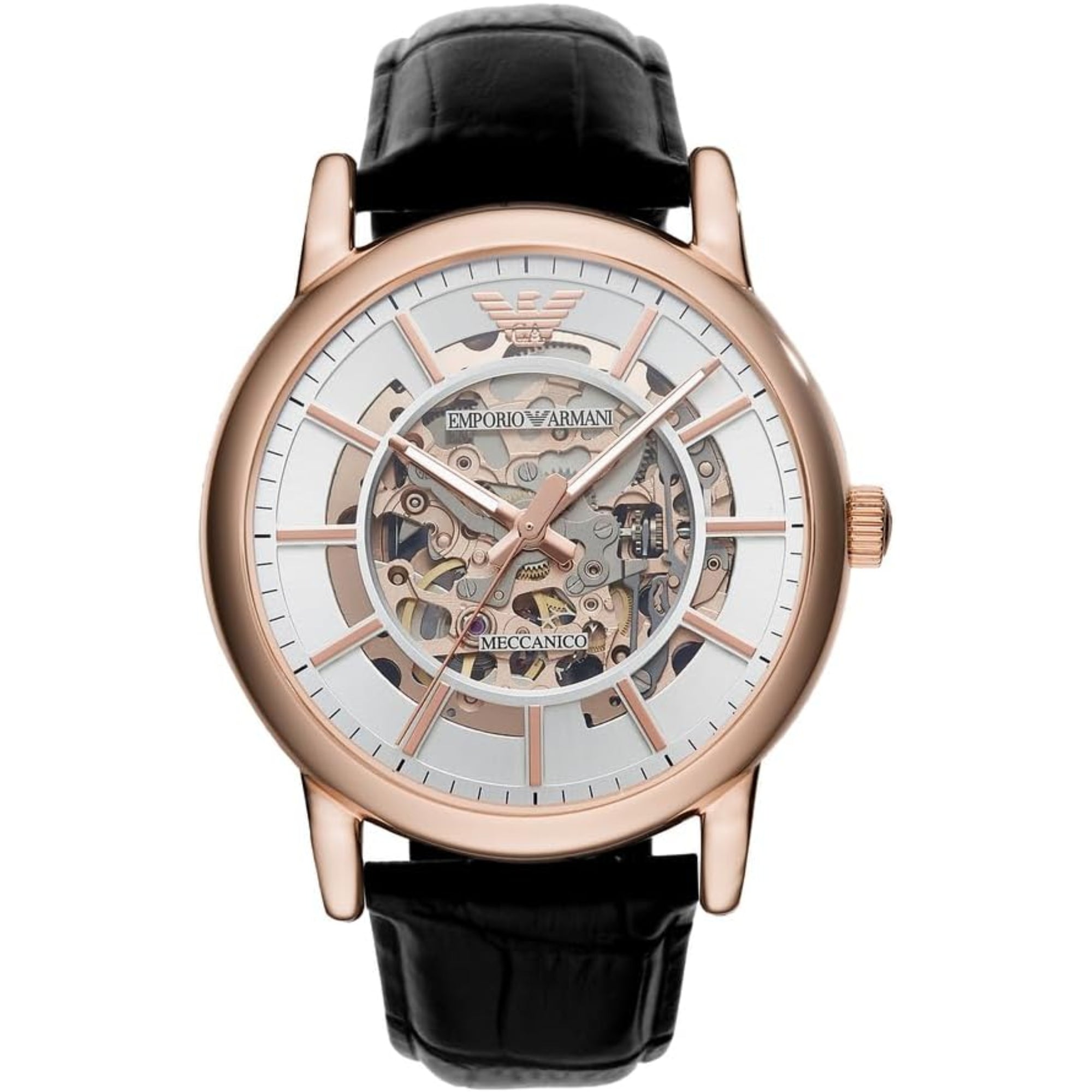 Emporio Armani Automatic Black Leather Rose Gold Silver Dial Men's Watch AR60007