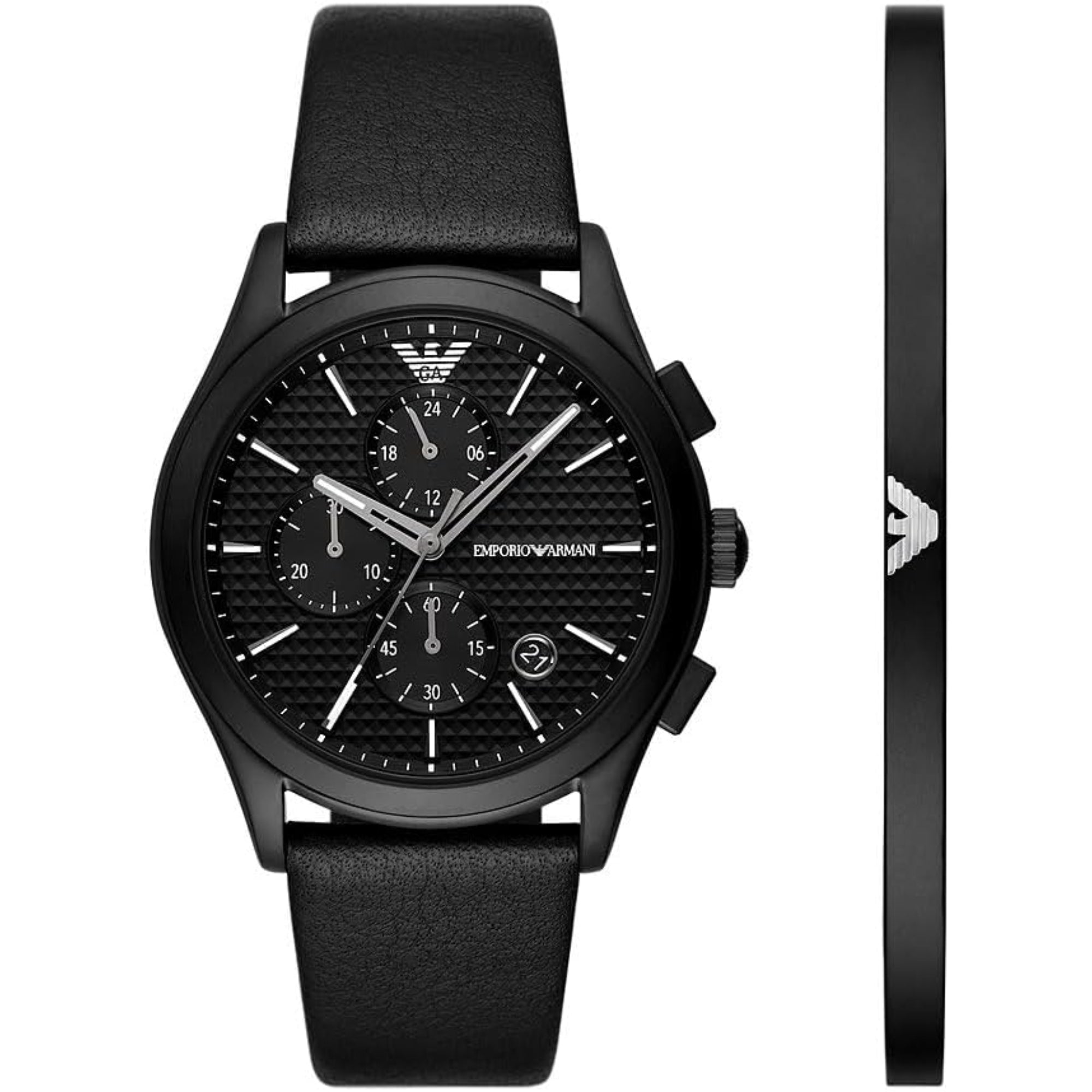Emporio Armani Chronograph Black Leather Strap Black Dial Men's Watch and Bracelet Gift Set AR80070SET