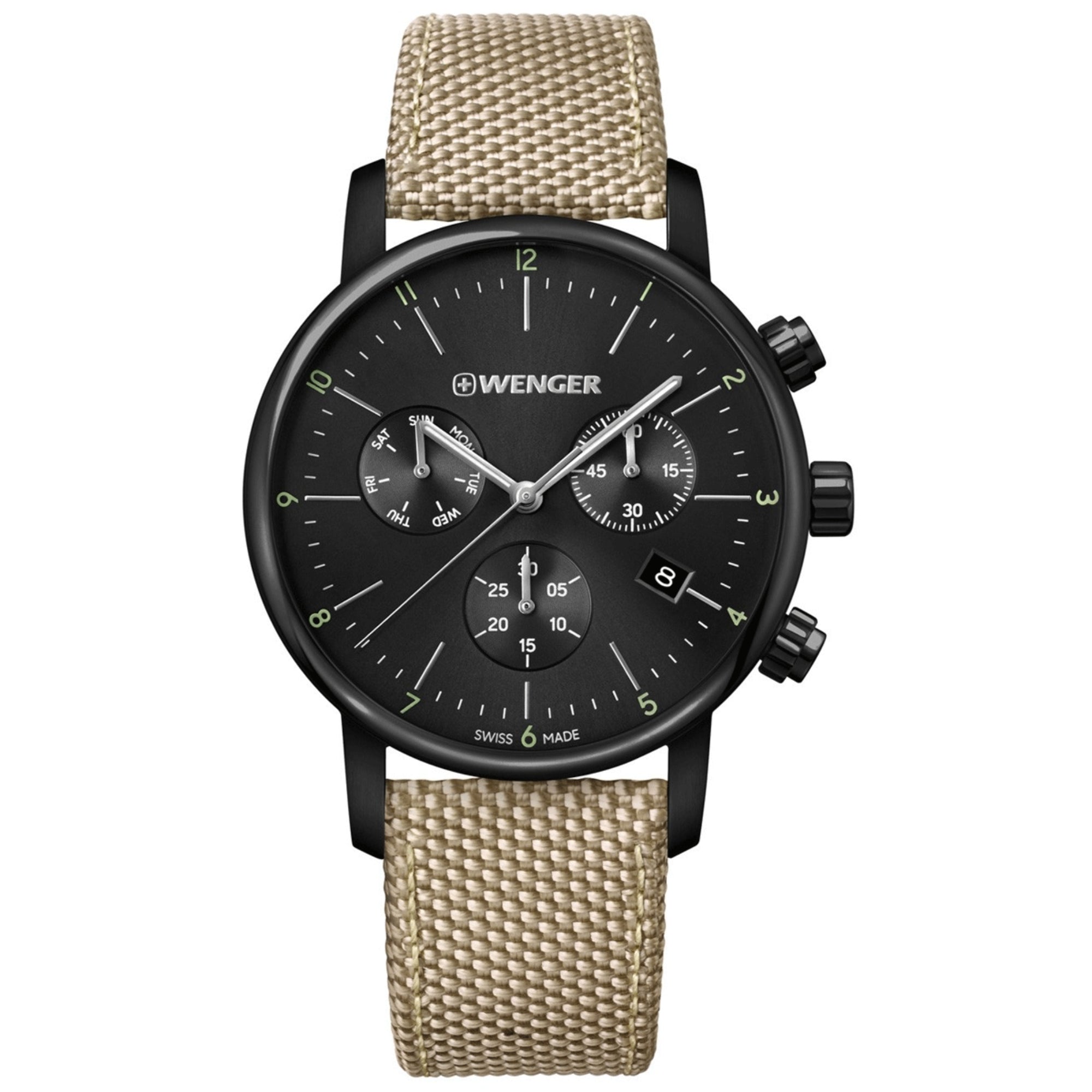Wenger Urban Classic Chronograph Quartz Black Dial Beige Textile Strap Men’s Watch 01.1743.117