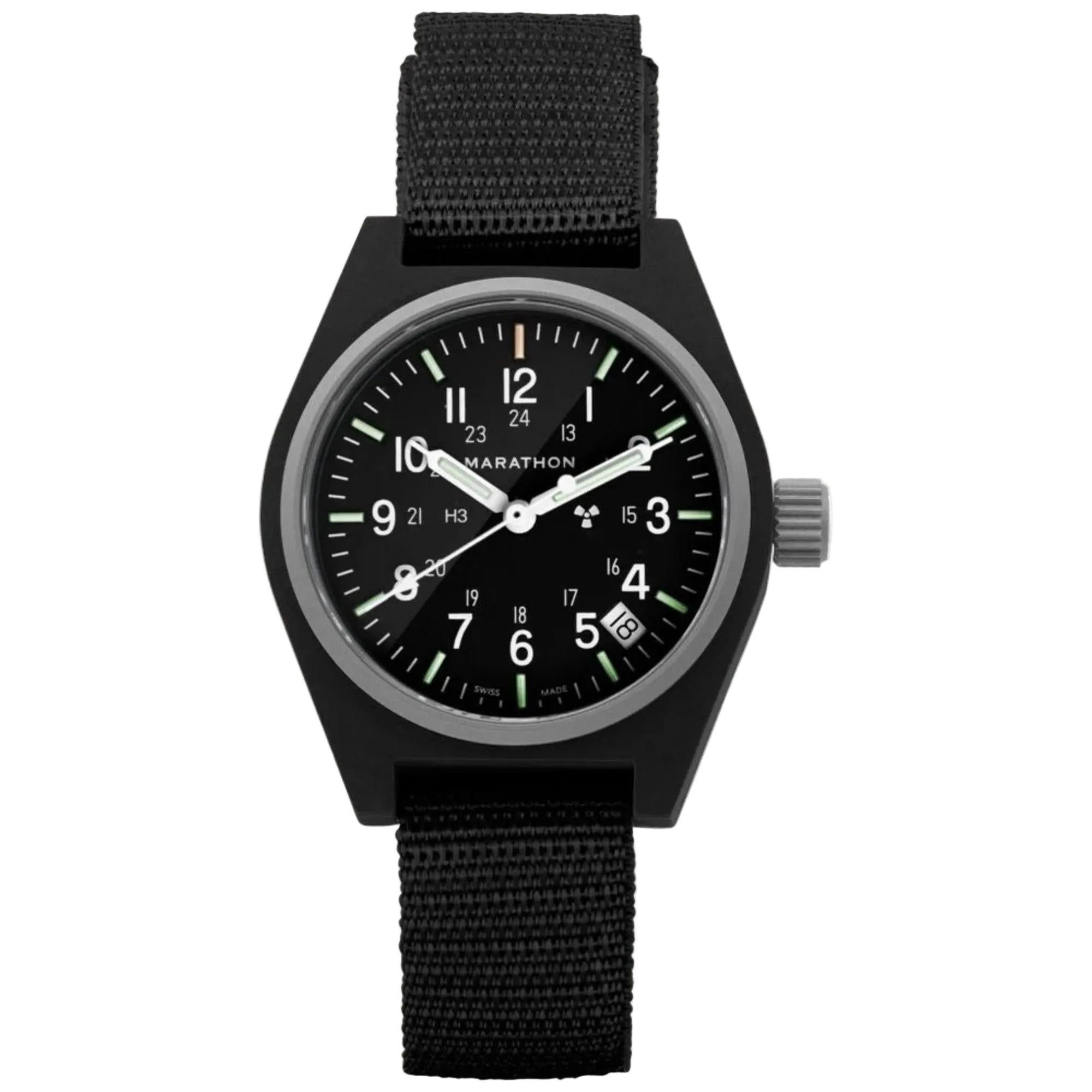 Black Marathon quartz men's watch with black dial, date window, and black fabric strap