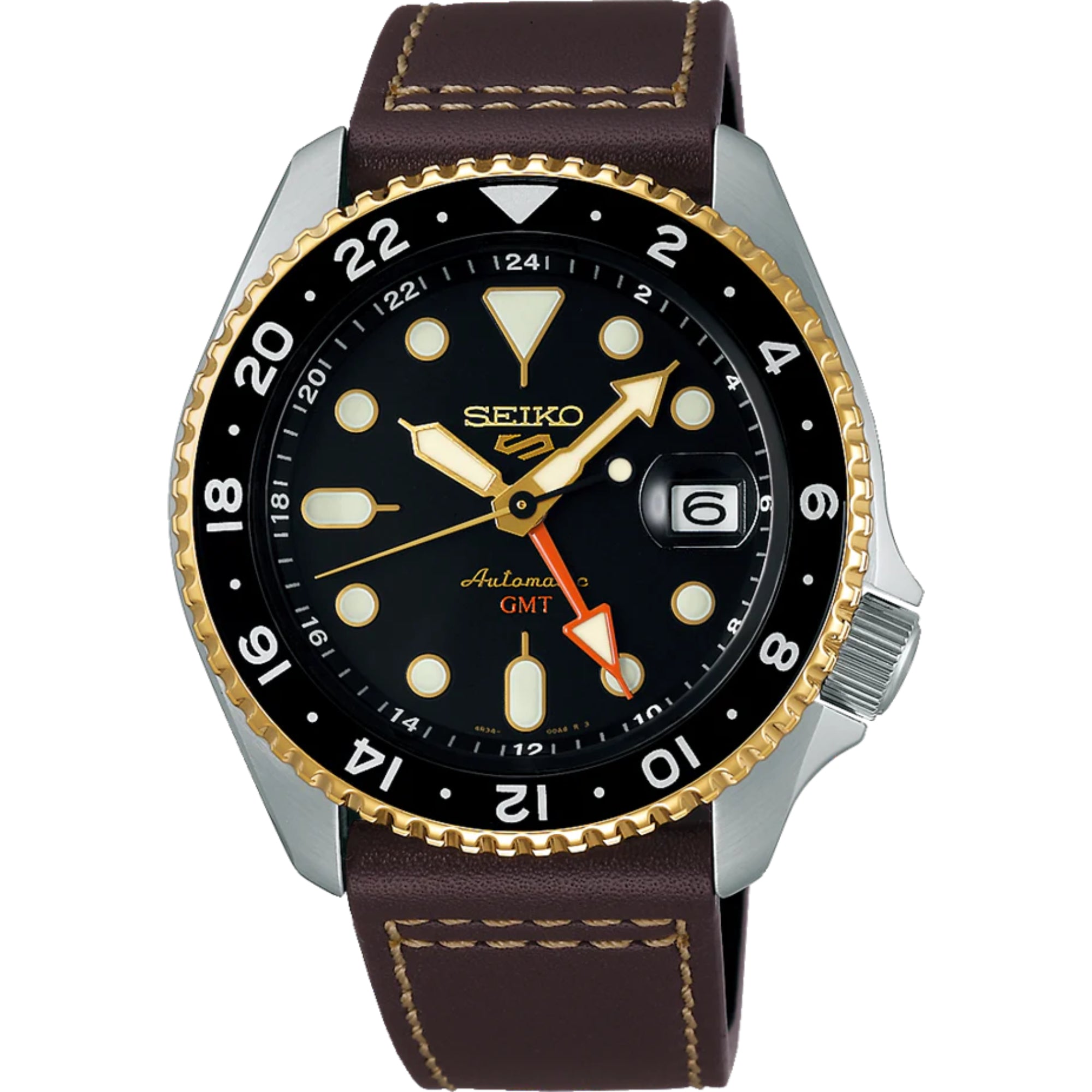 Seiko 5 Sports SKX GMT Mocha Automatic Black Dial Brown Leather Strap Men’s Watch SSK036K1