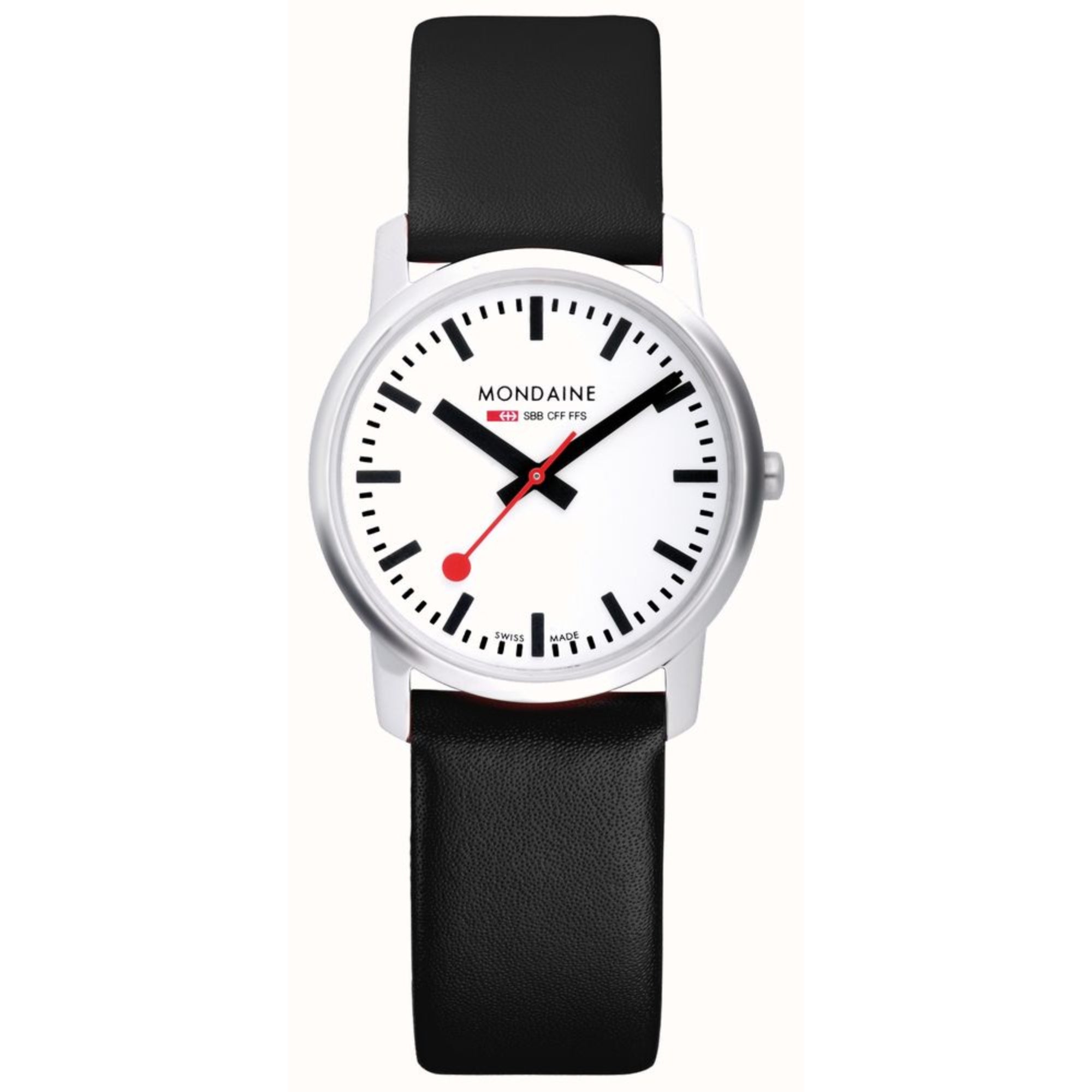 Mondaine Simply Elegant Quartz White Dial Black Leather Strap Unisex Watch A638.30350.11SBO