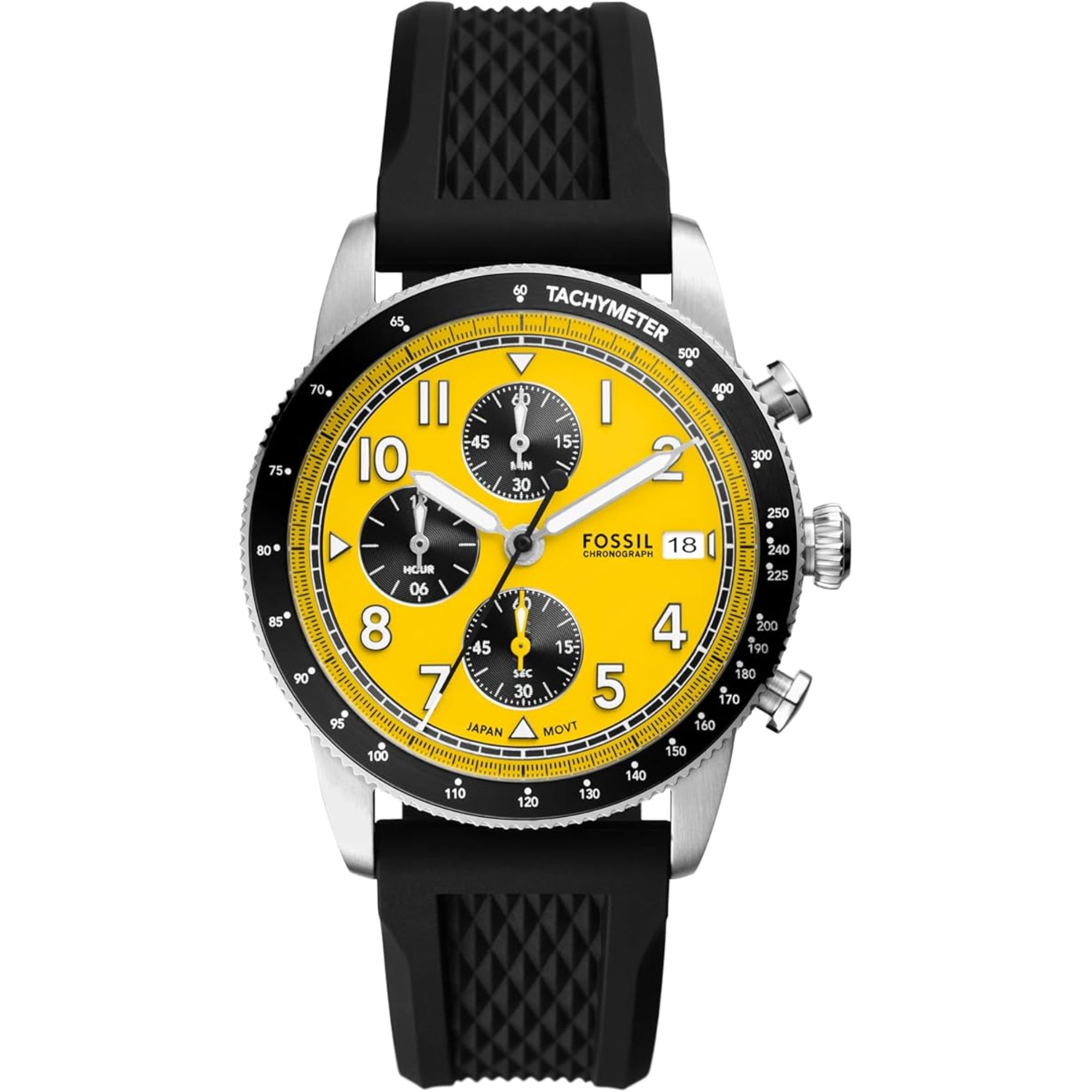Fossil Sport Tourer Chronograph Black Silicone Strap Yellow Dial Men's Watch FS6044