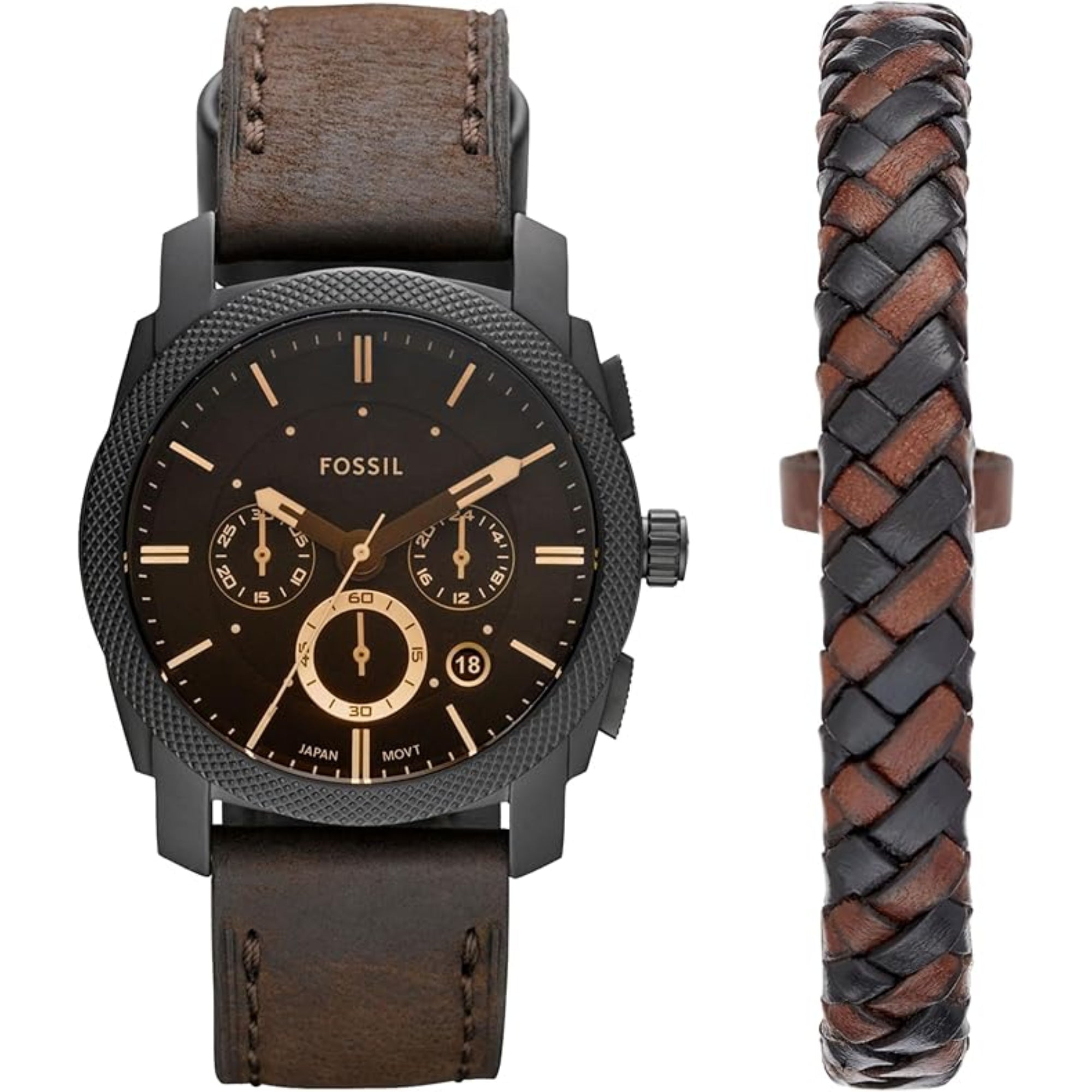 Fossil Machine Chronograph Dark Brown Leather Black Dial Men’s Watch and Bracelet Box Set FS5251SET