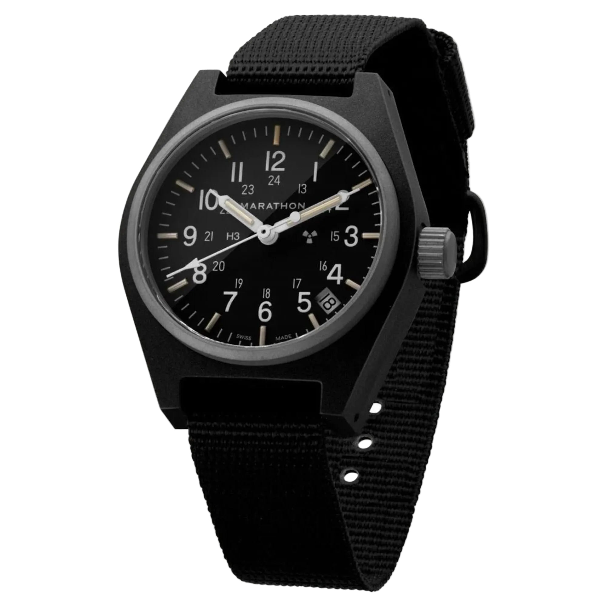 Black Marathon quartz men's watch on black fabric strap with round dial and date at 3
