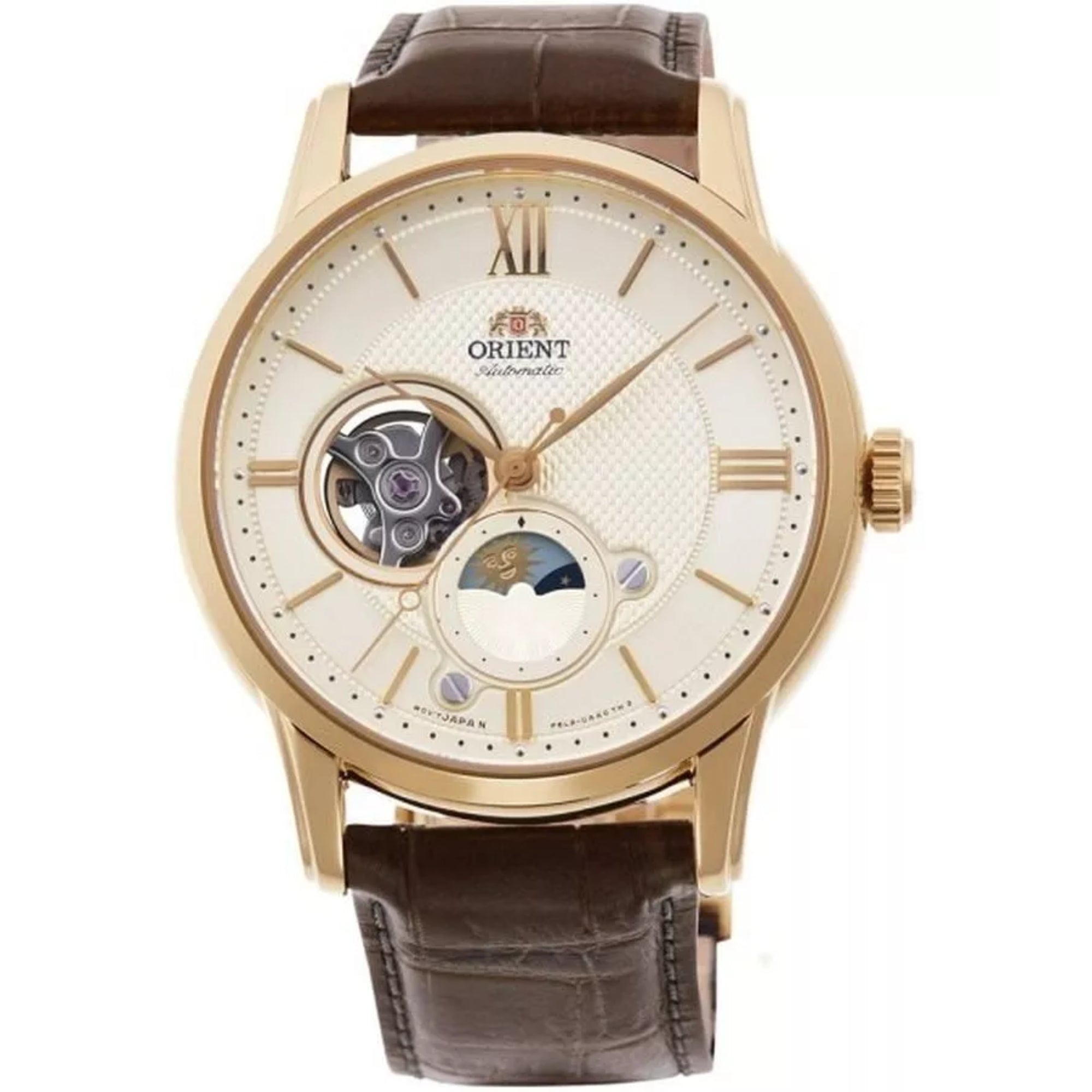 Orient Bambino Open Heart Sun & Moon Automatic White Dial Leather Strap Men’s Watch RA-AS0010S30B