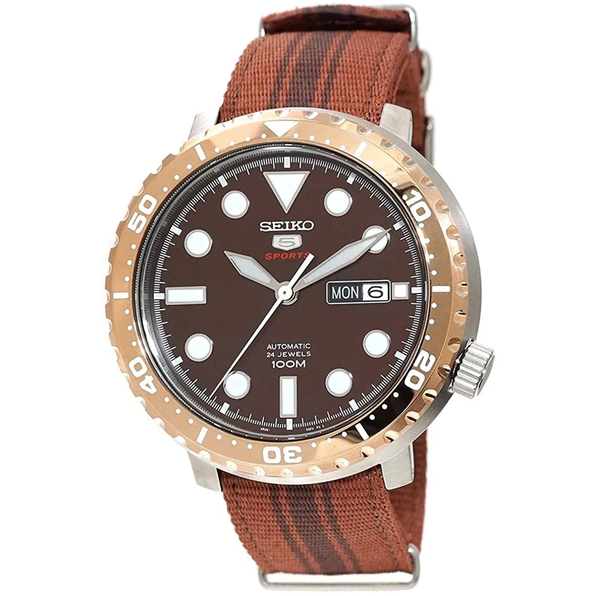 Seiko 5 Sports Bottle Cap Root Beer Automatic Brown Dial Brown Nylon Strap Men's Watch SRPC68K1