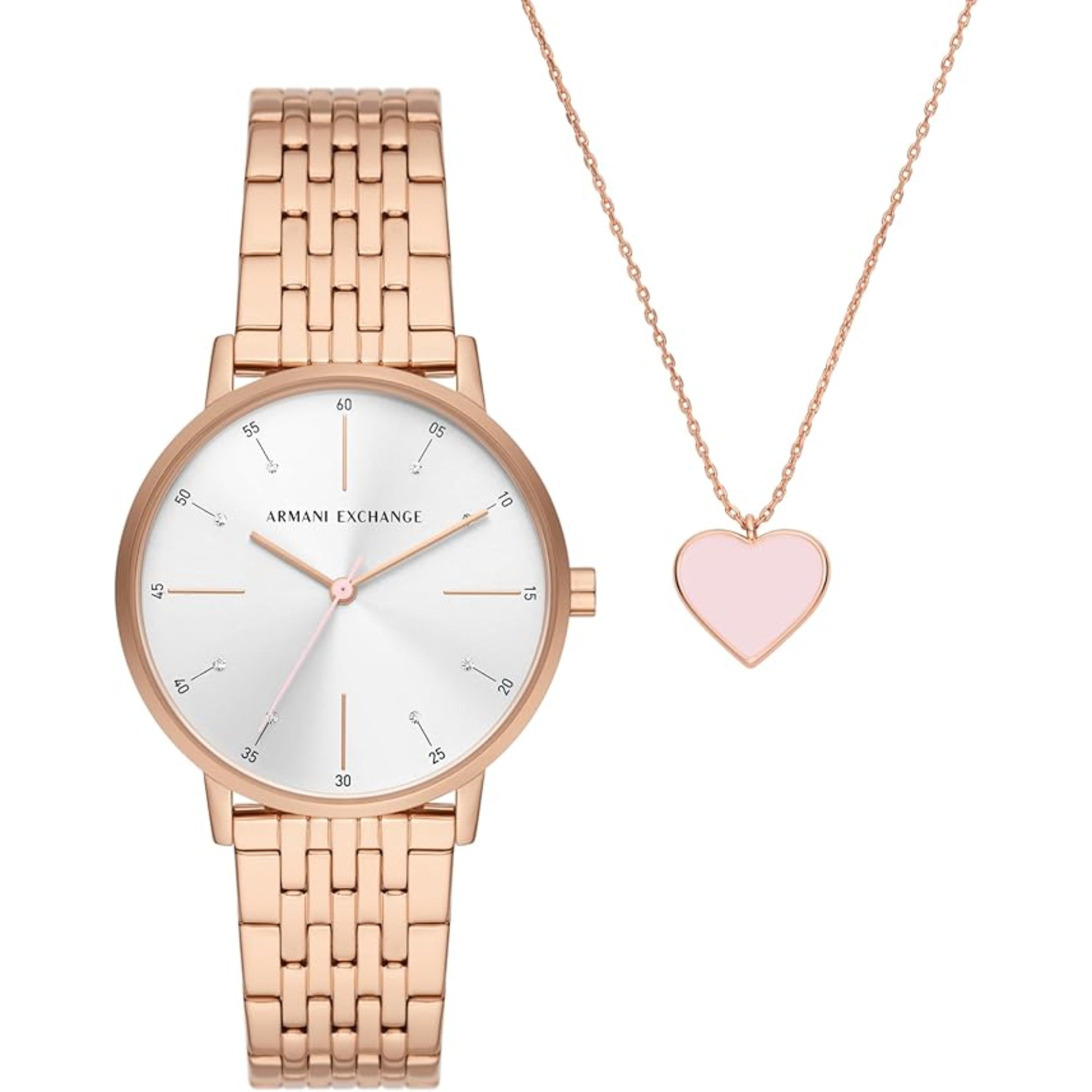 Armani Exchange Quartz White Silver Dial Steel Strap Women's Watch and Necklace Set AX7145SET
