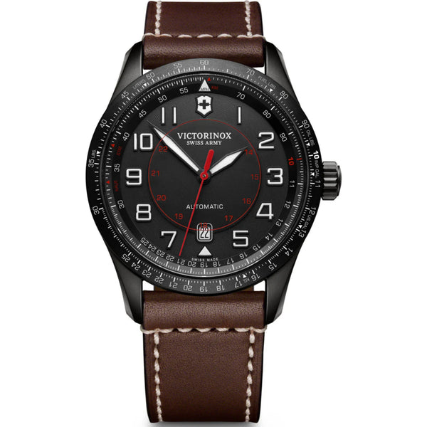 Victorinox Swiss Army Airboss Mechanical Black Dial Brown Leather Strap Men's Watch 241821