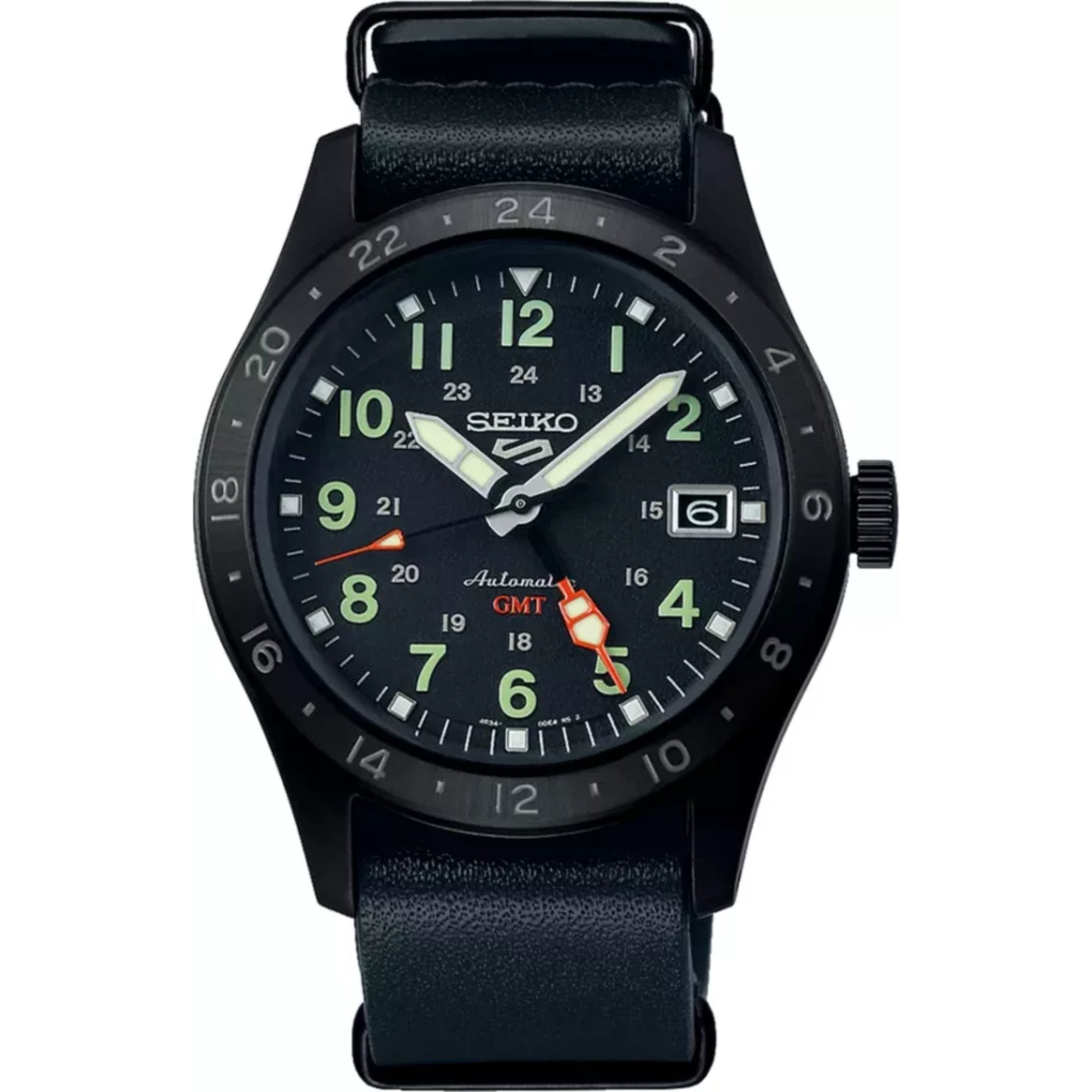 Seiko 5 Sports Field Deception Mechanical GMT Automatic Black Dial Black Leather Strap Bracelet Men's Watch SSK025K1