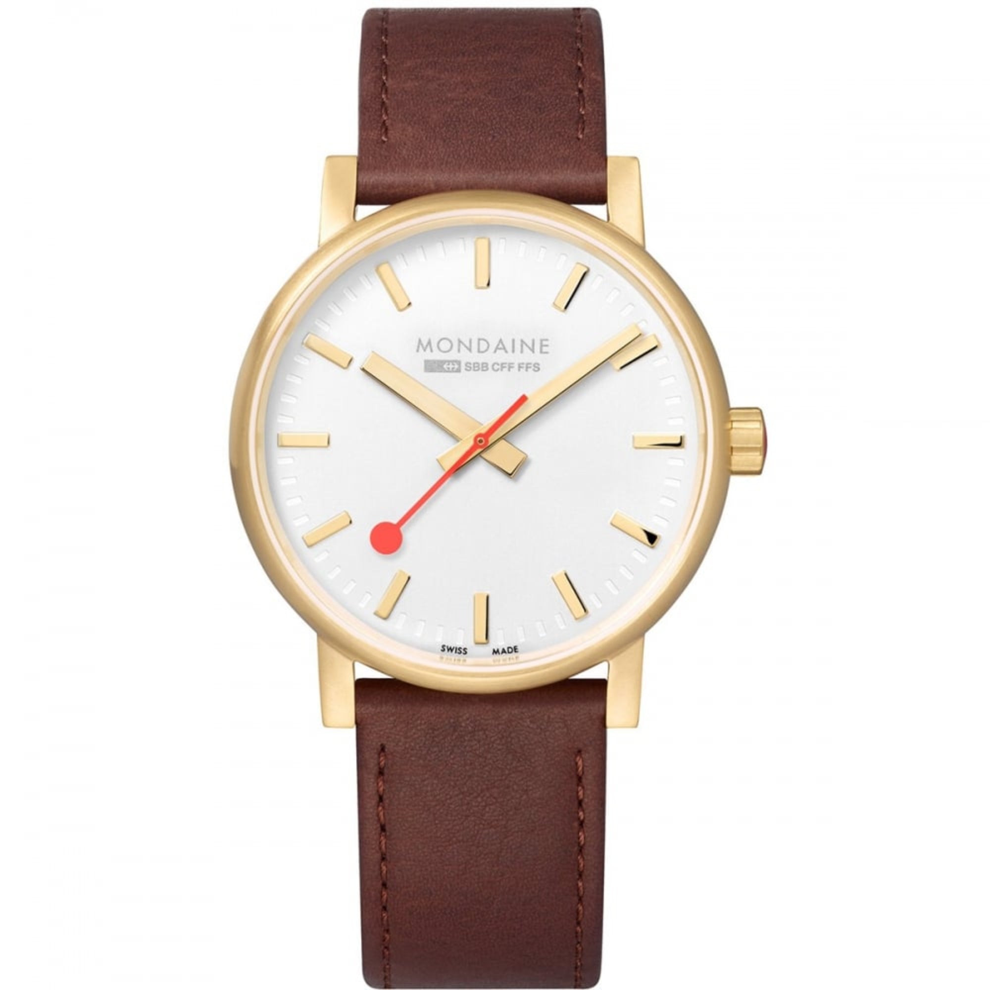 Mondaine evo2 Big Gold Plated Stainless Steel Case Brown Leather Strap White Dial Men's Watch MSE.40111.LG