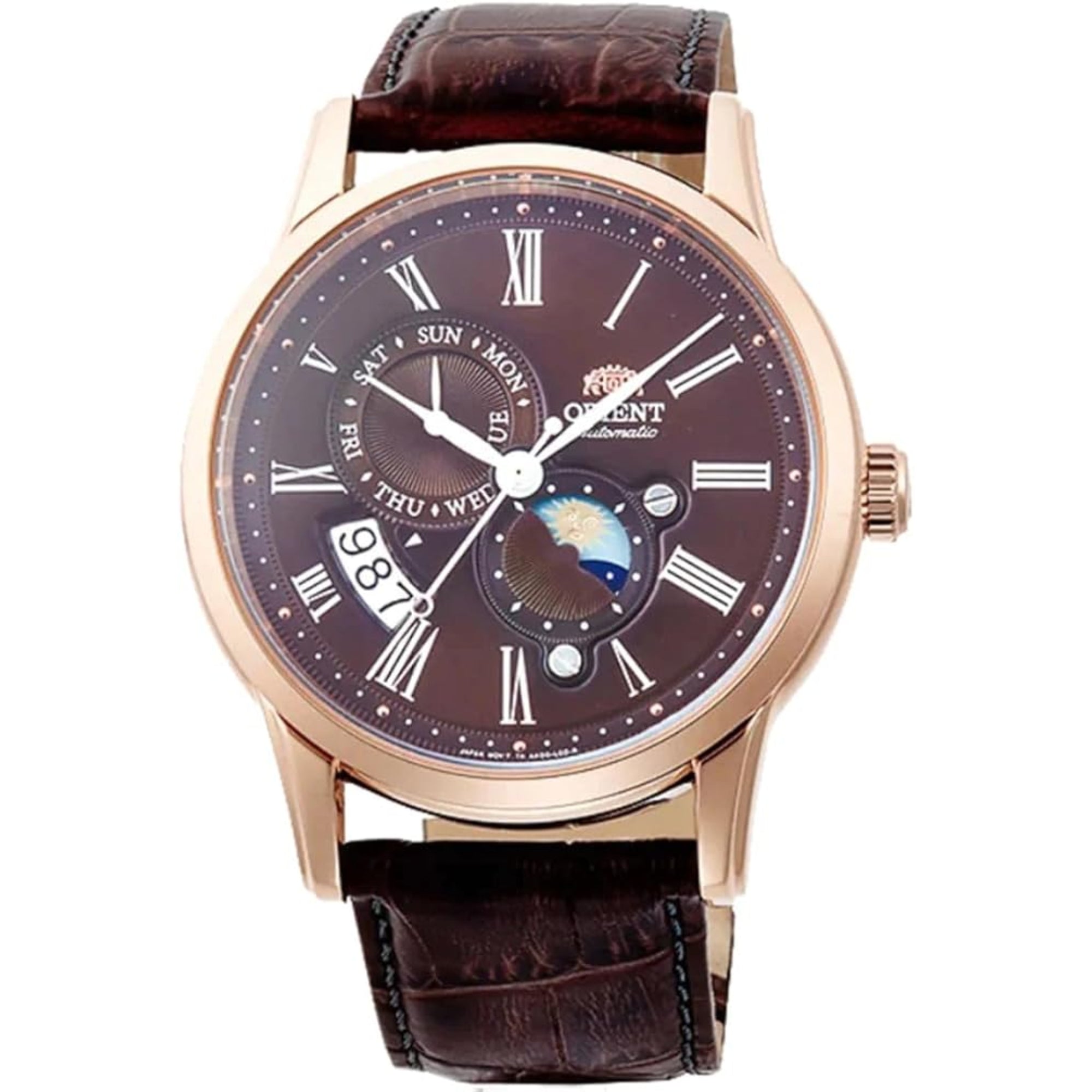 Orient Bambino Sun & Moon Mechanical Brown Dial Brown Leather Strap Men’s Watch RA-AK0009T10B