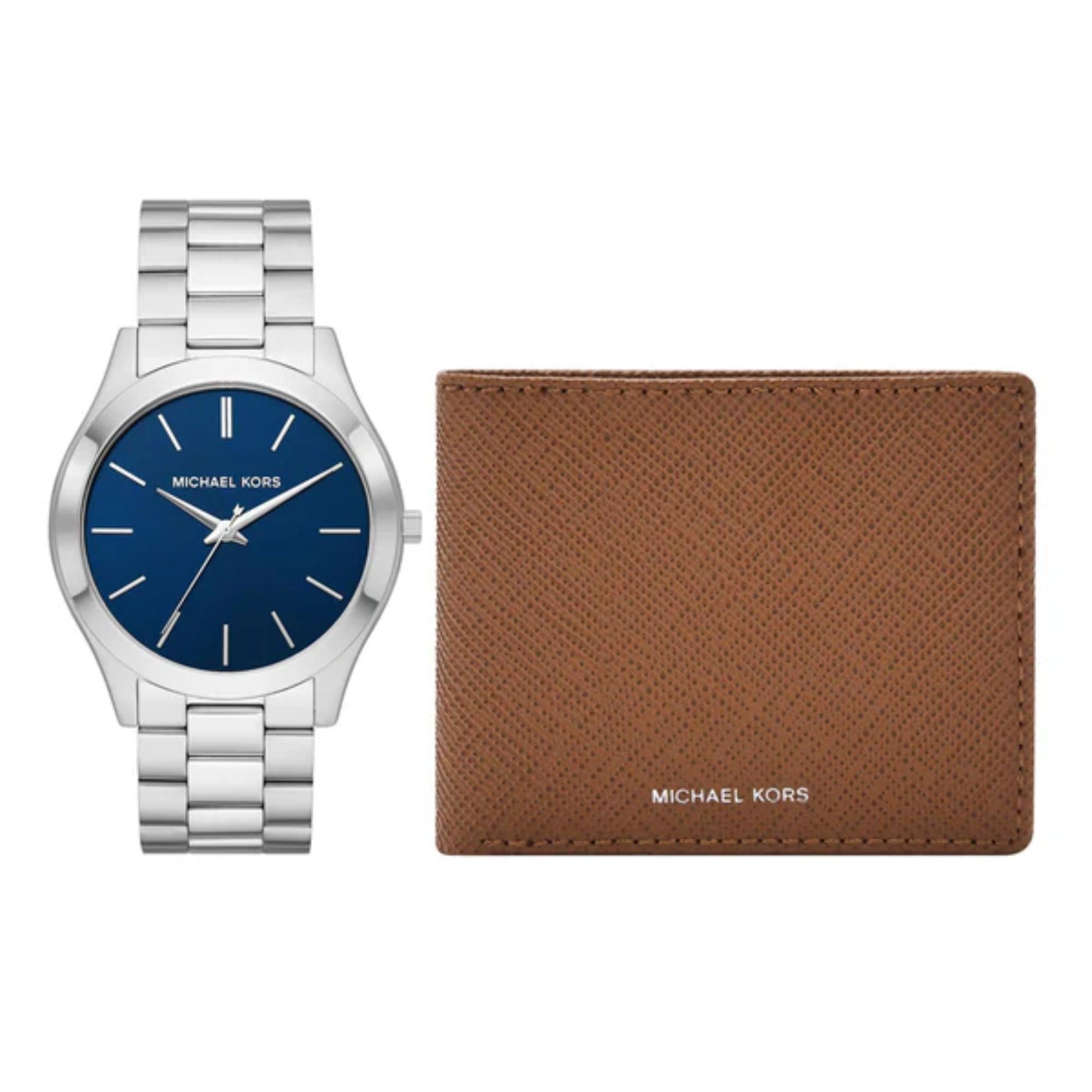 Michael Kors Slim Runway Stainless Steel Blue Dial Men's Watch and Saffiano Leather Wallet Gift Set MK1060SET