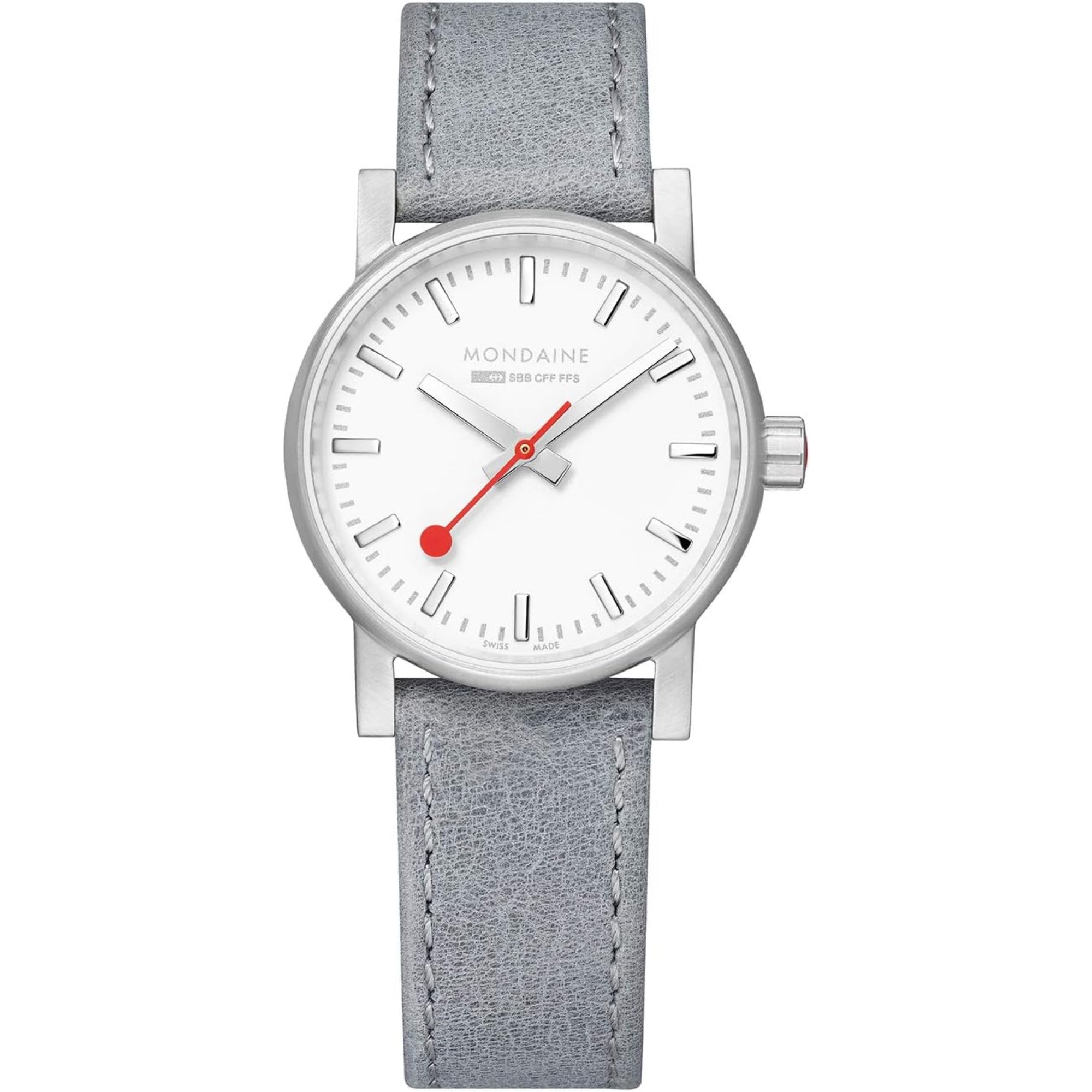 Mondaine evo2 Silver Stainless Steel Case Grey Leather Strap White Dial Ladies Watch MSE.30110.LH