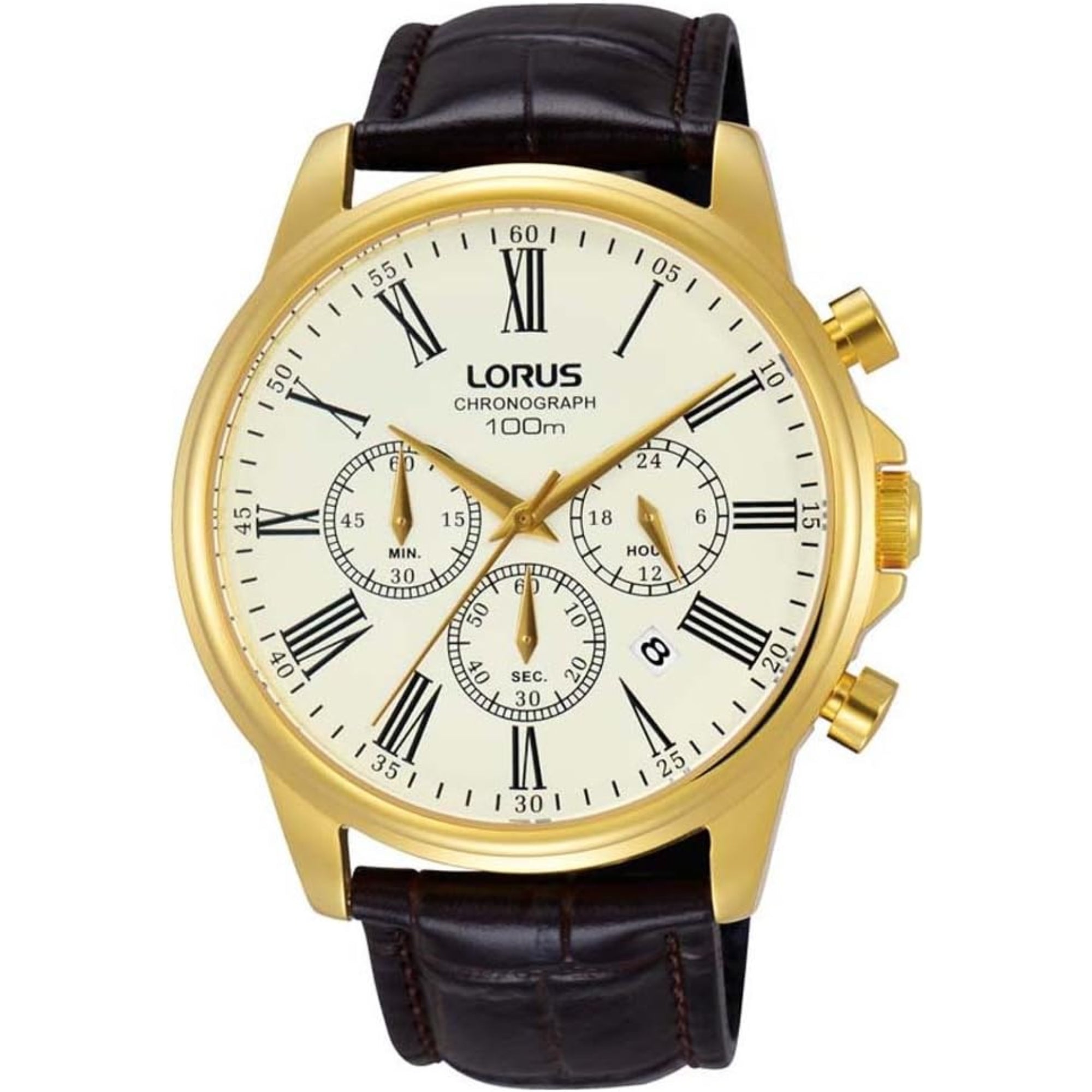 Lorus Sports Cream Dial Black Leather Strap White Dial Men's Chronograph RT396FX9