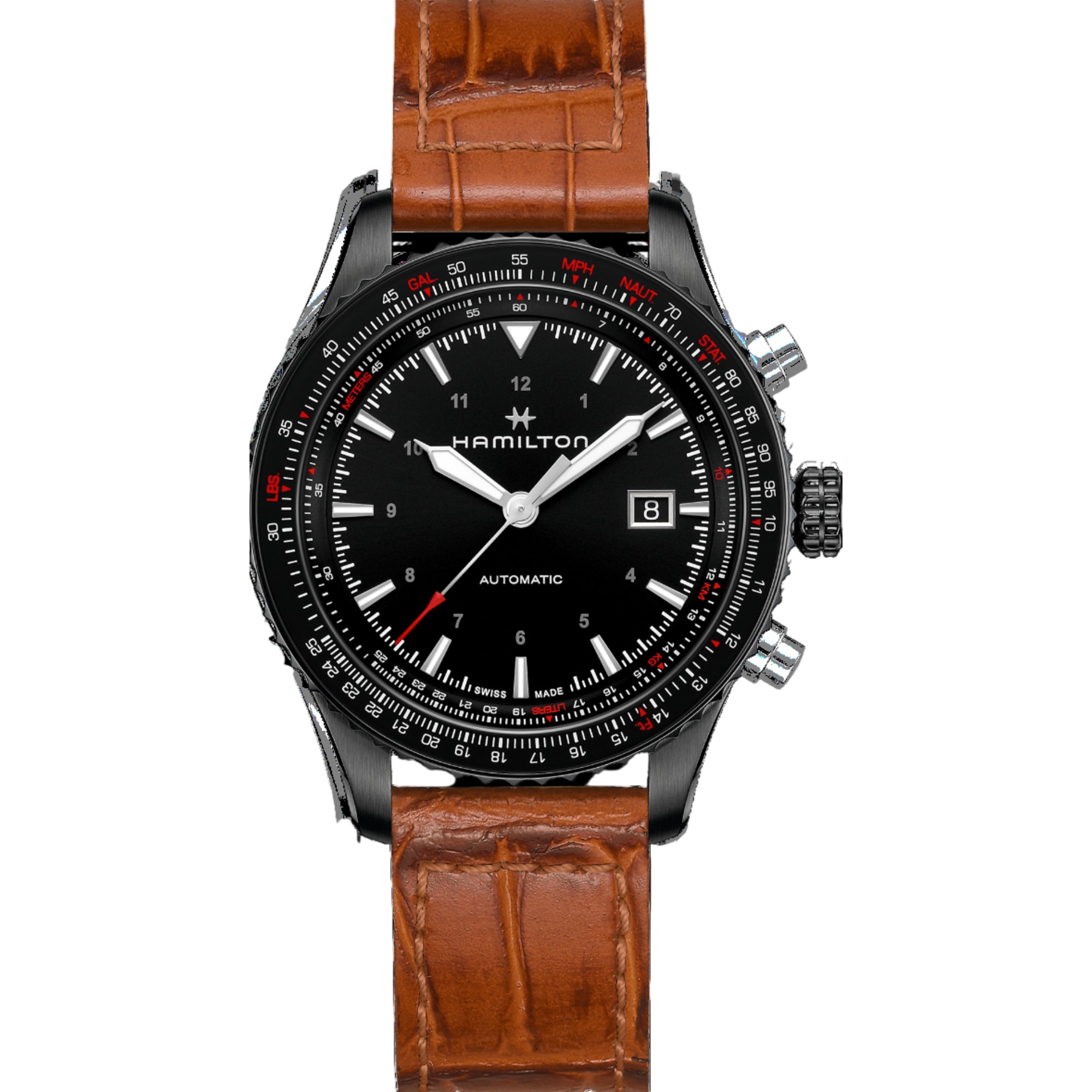 Hamilton Khaki Aviation Converter Automatic Black Dial Brown Leather Strap Men's Watch H76625530