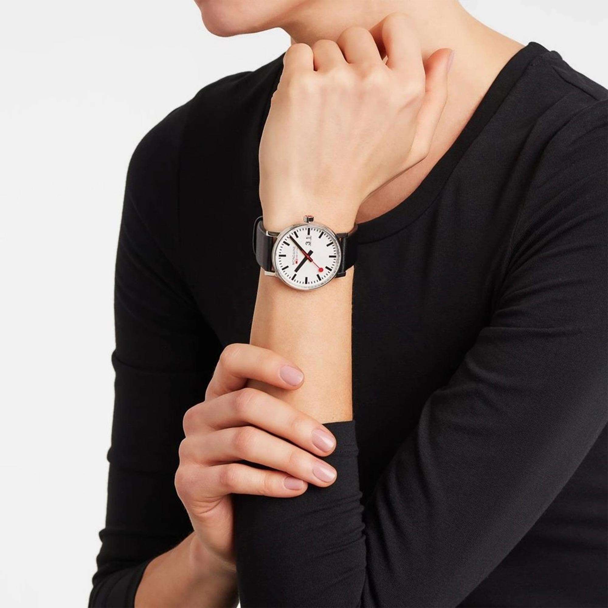 Mondaine evo2 Big Black Leather Strap White Dial Unisex Watch MSE.40210.LB
