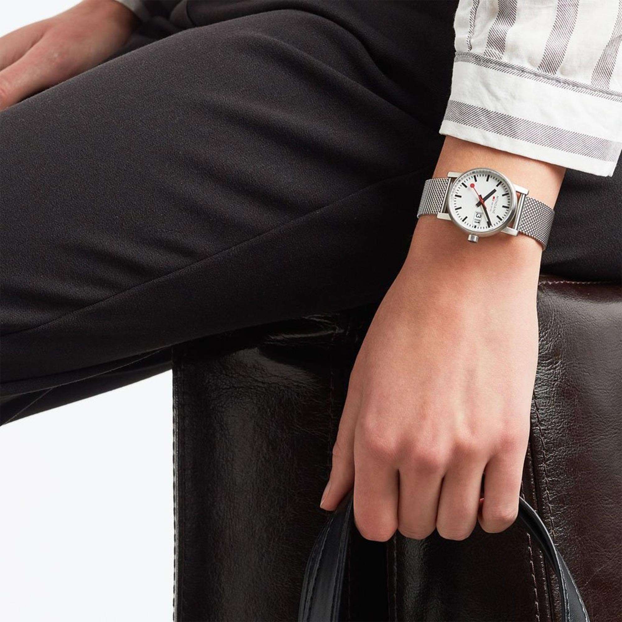Mondaine evo2 Big Stainless Steel Case Mesh Bracelet White Dial Ladies Watch MSE.30210.SM
