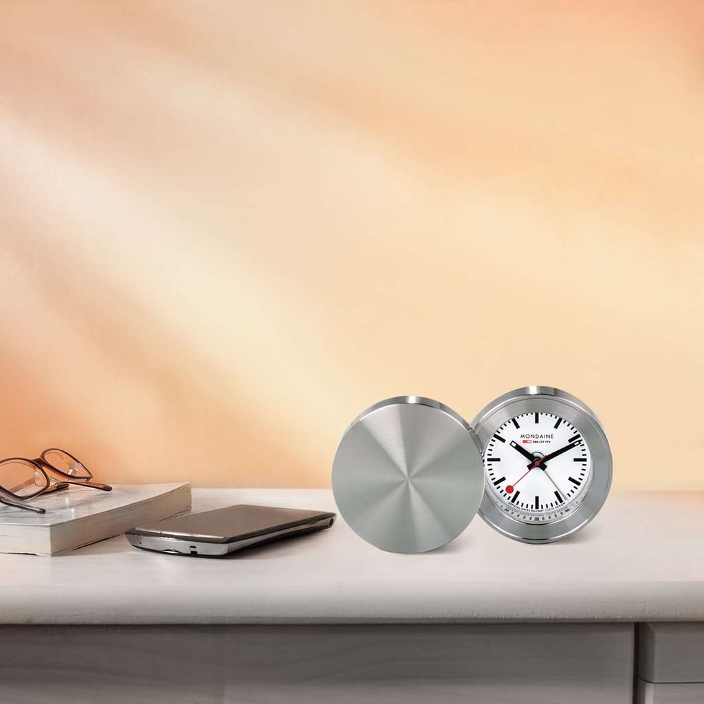 Mondaine SBB Travel Alarm Clock Quartz Table Clock White Dial Display MSM.64410