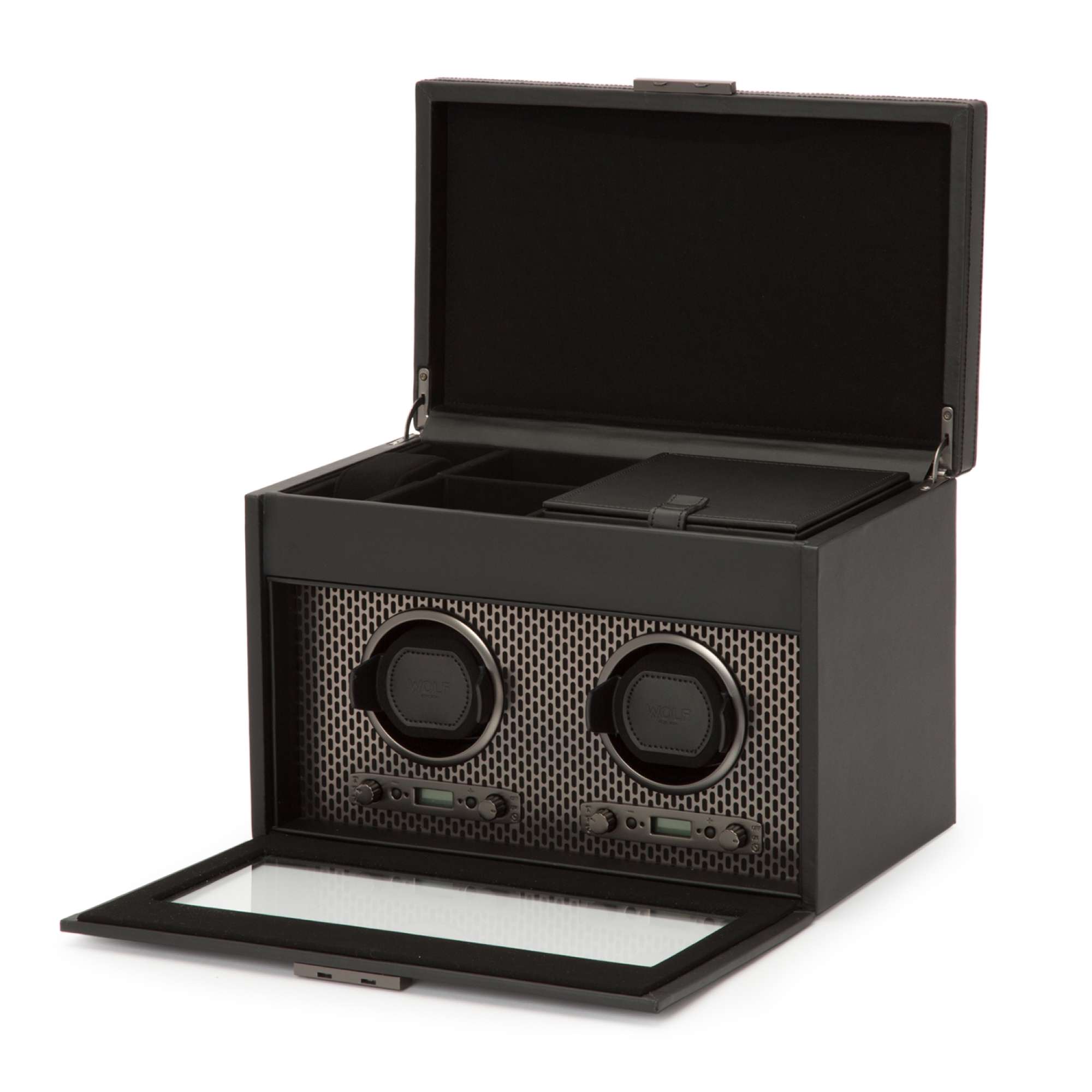 WOLF Axis Black Double Watch Winder With Storage 469303
