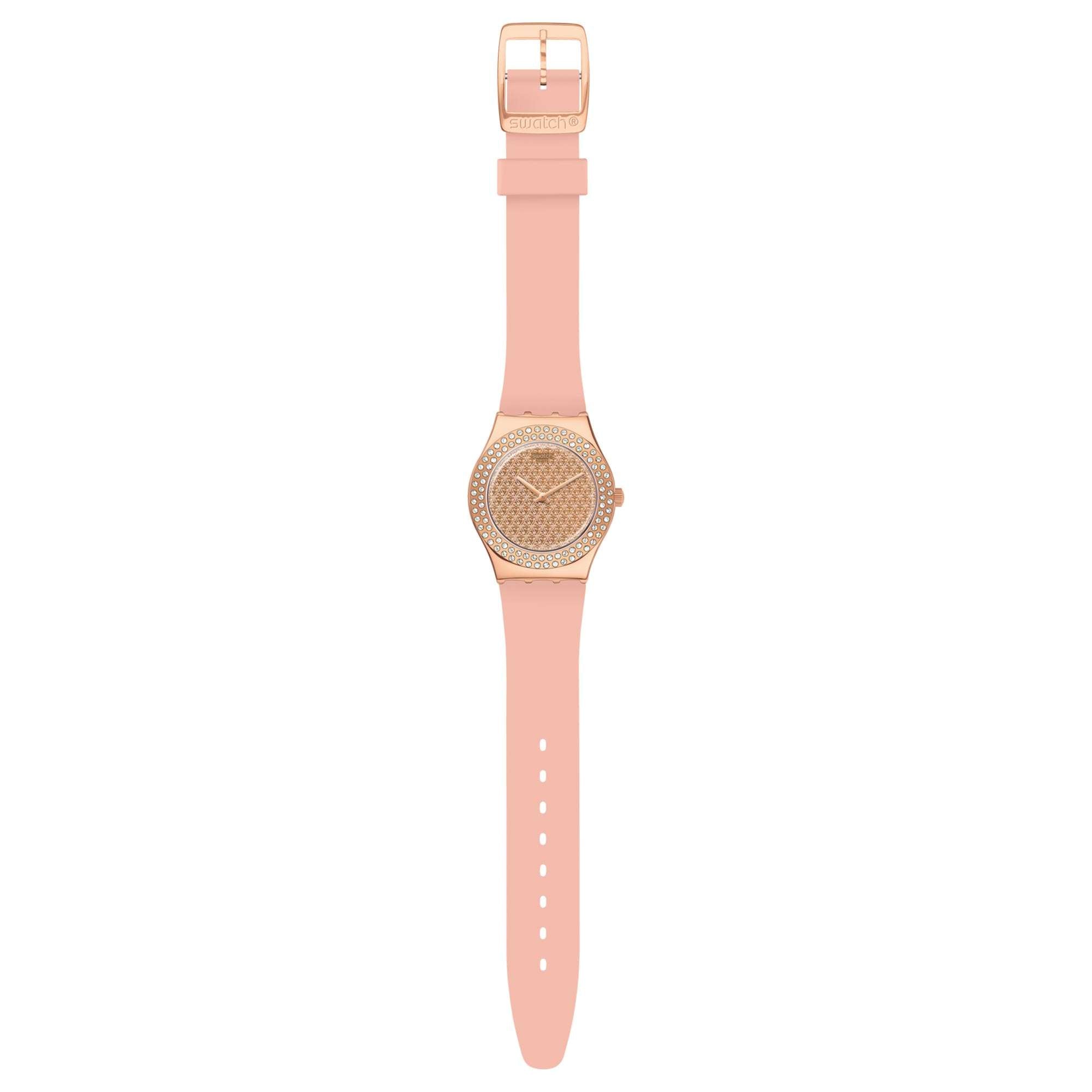 Swatch Pink Dial Confusion Quartz Silicone Strap Ladies Watch YLG140