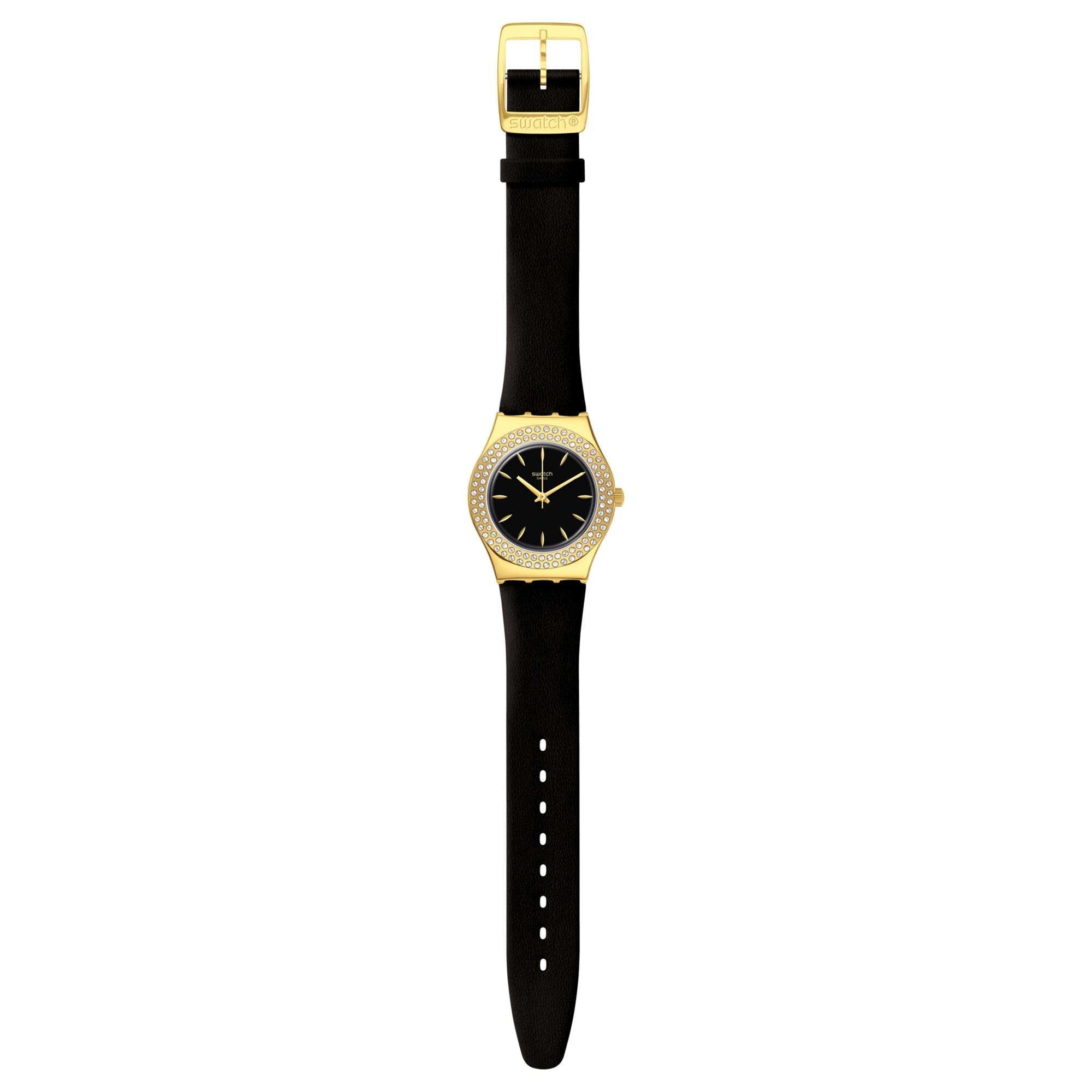 Swatch Goldy Show Quartz Black Dial Leather Strap Ladies Watch YLG141