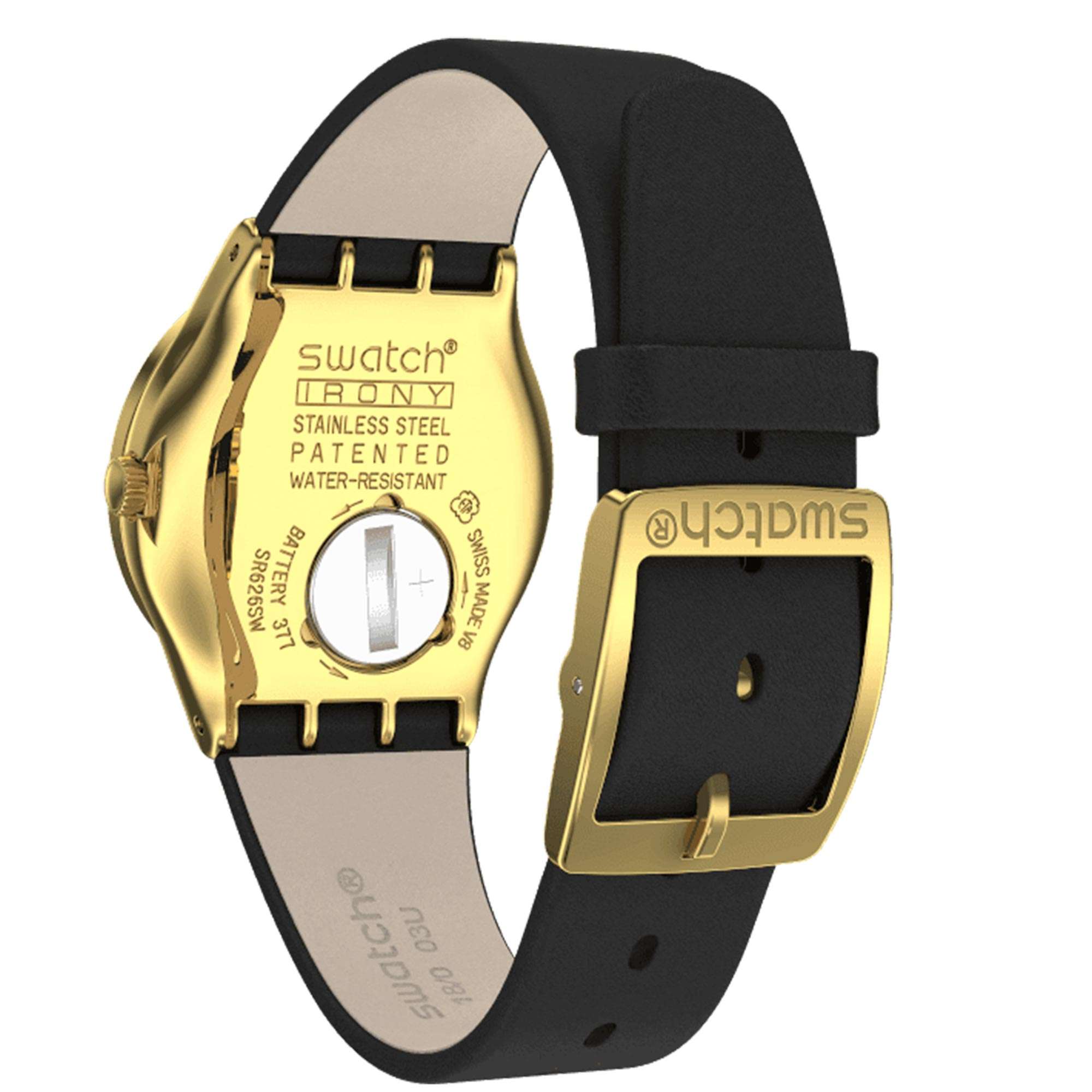 Swatch Goldy Show Quartz Black Dial Leather Strap Ladies Watch YLG141